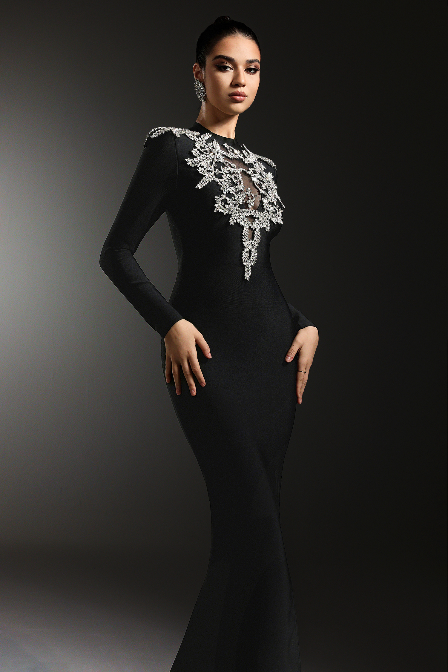 Saloha Long Sleeves Diamond Slit Fish Tail Bandage Maxi Dress