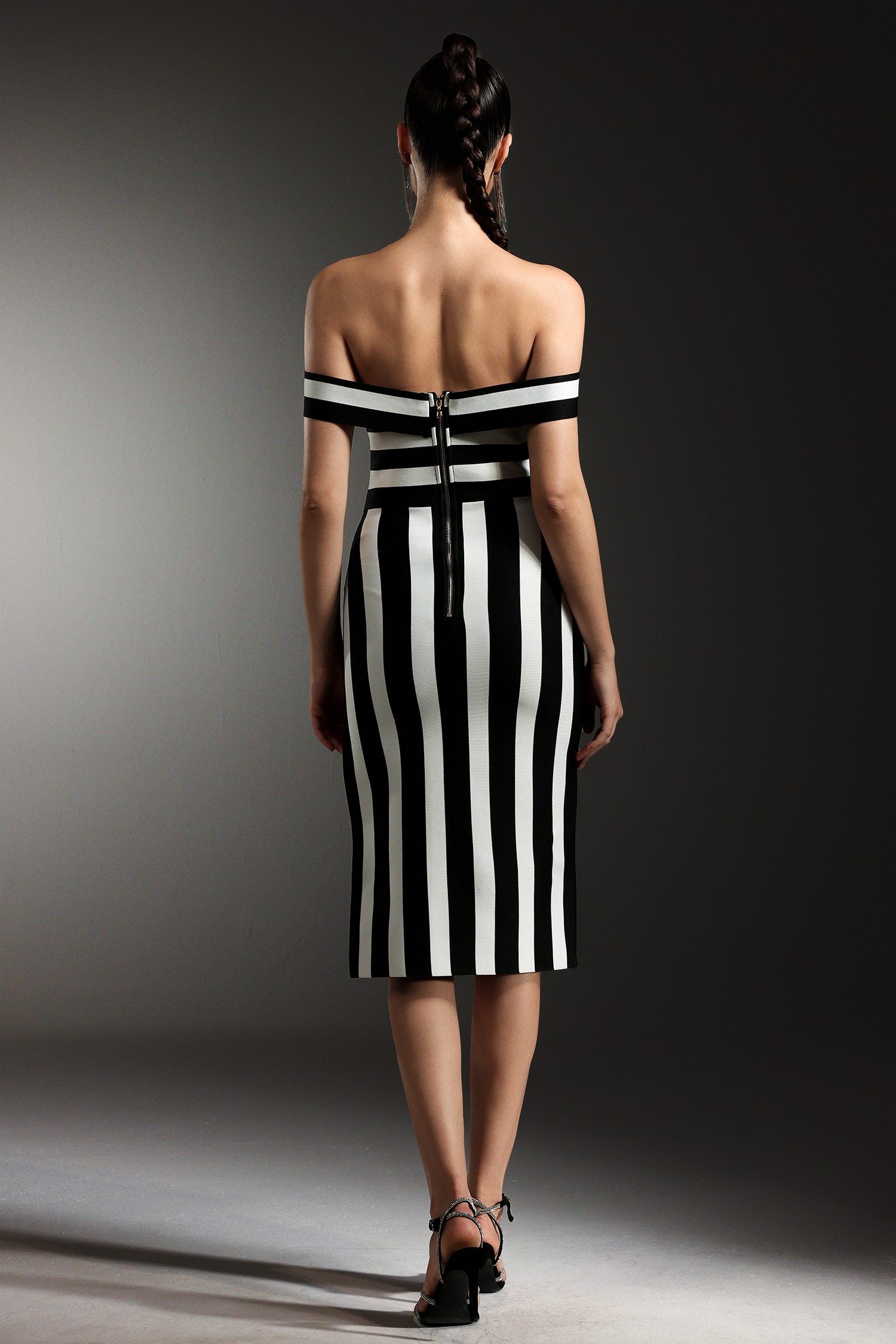 Perly Off The Shoulder Sleeveless Stripes Slit Bandage Maxi Dress