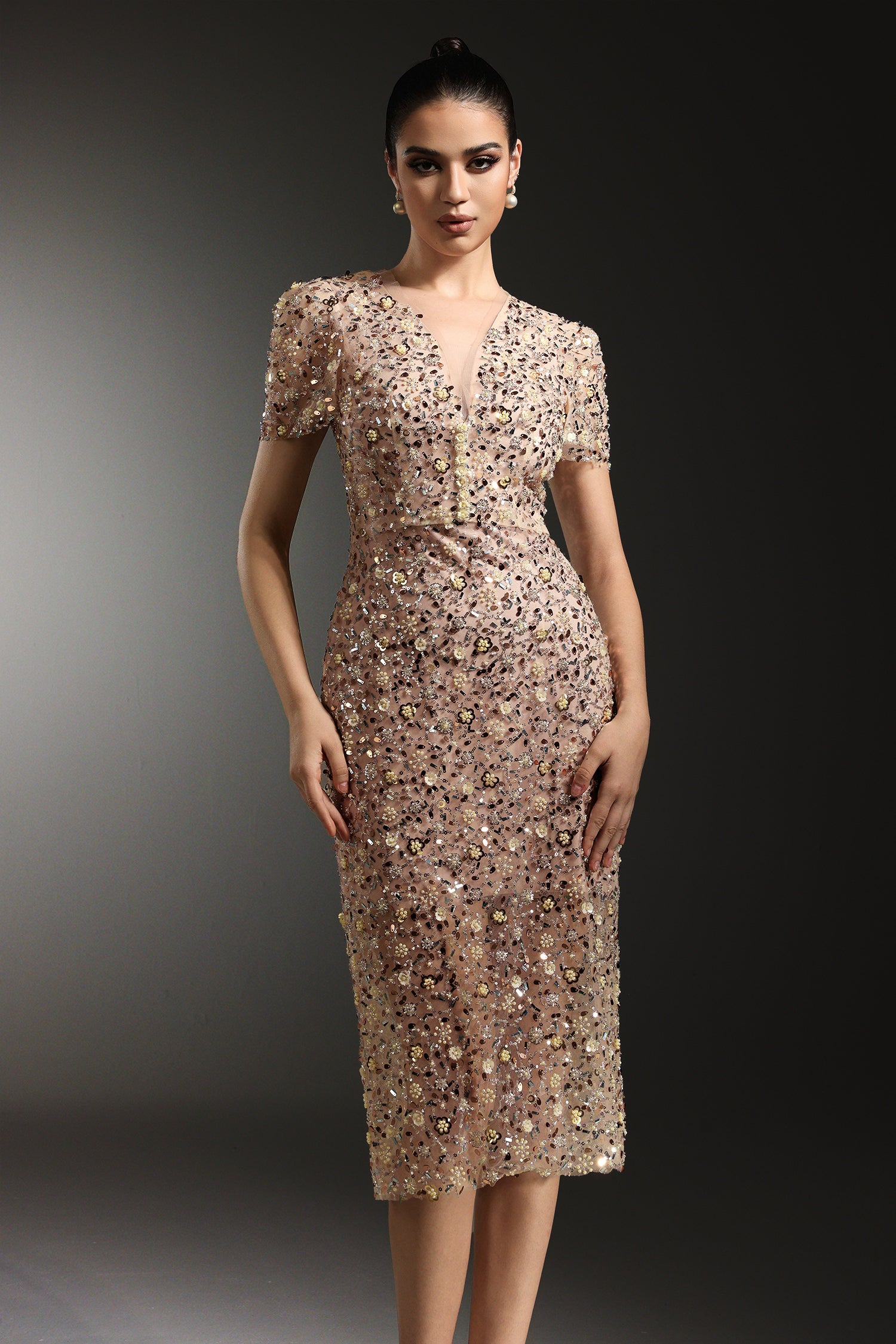 Rafik Short Sleeves V-Neck Diamond Pearl Maxi Dress