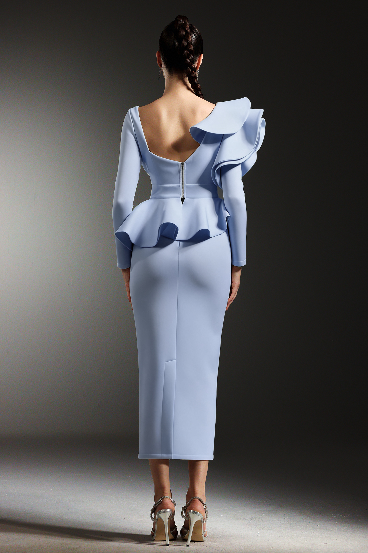 Faray Ruffled Long Sleeves Blue Maxi Dress