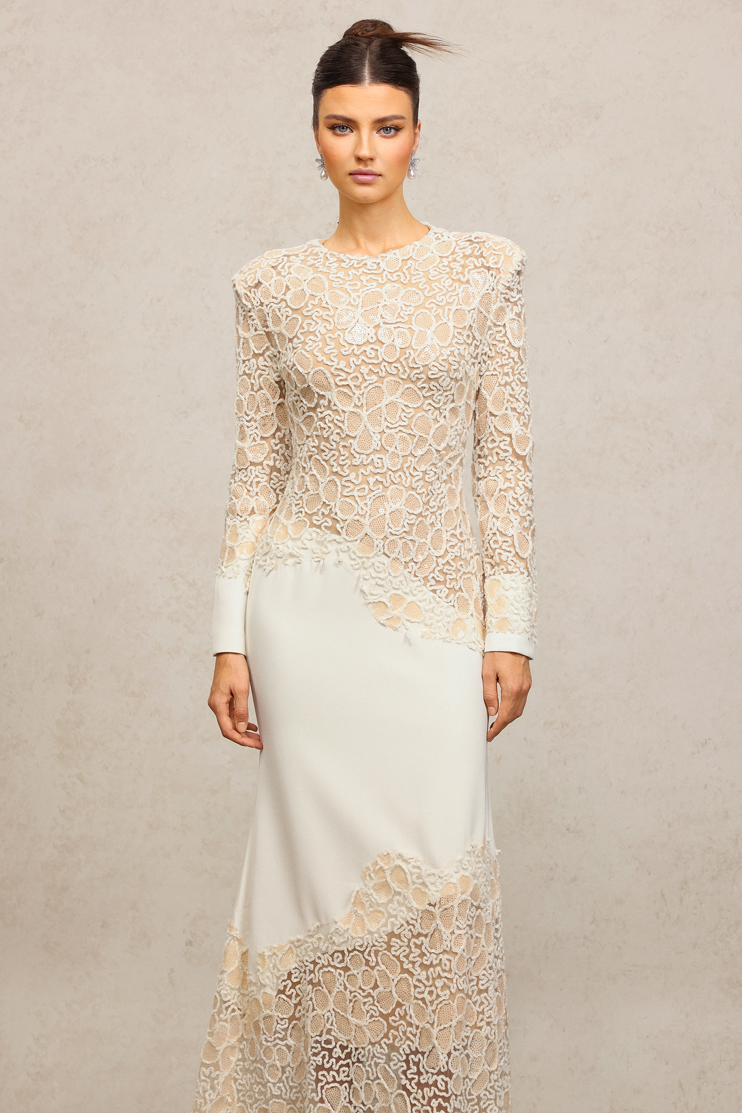Wedasa Round Neck Long Sleeves Embroidery Lace Maxi Dress