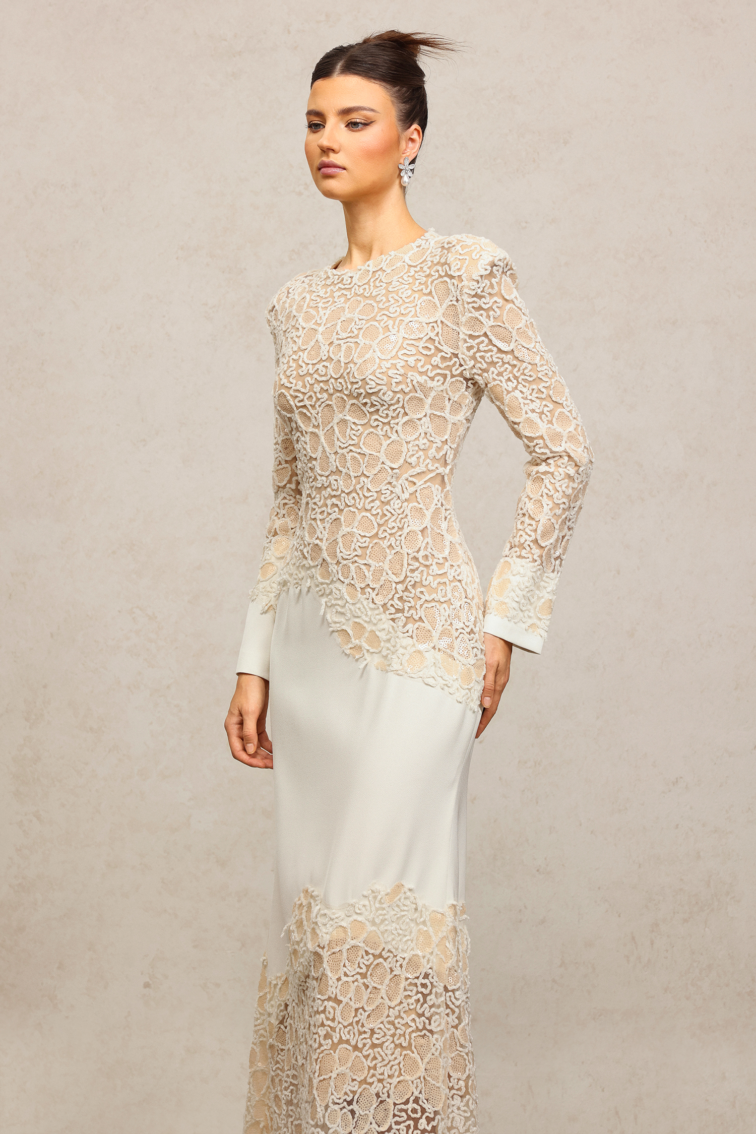 Wedasa Round Neck Long Sleeves Embroidery Lace Maxi Dress