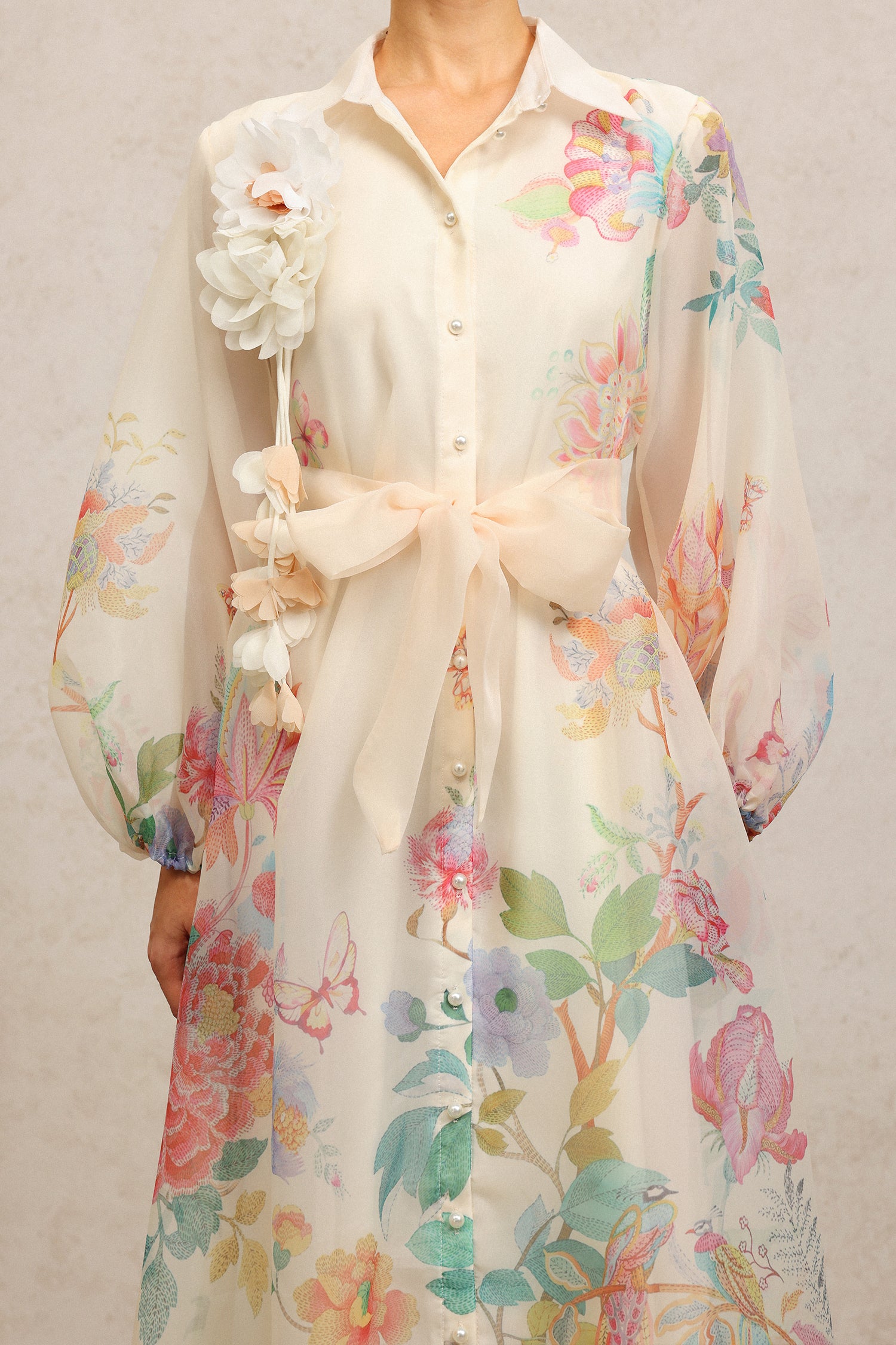 Farrah Lapel Long Sleeves Flowers Printed Maxi Dress