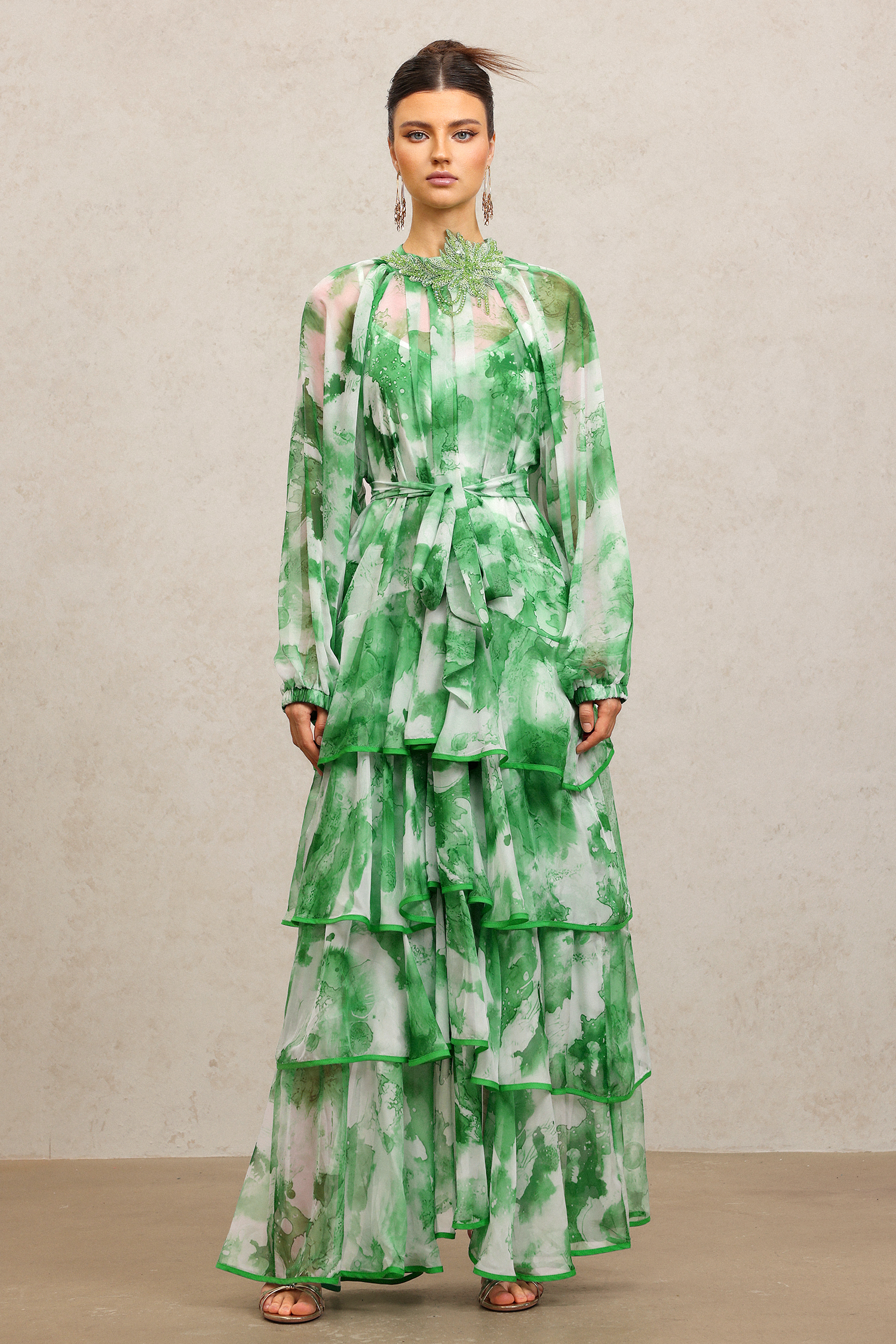 Jolie Round Neck Long Sleeves Floral Printed Folds Green Maxi Dress