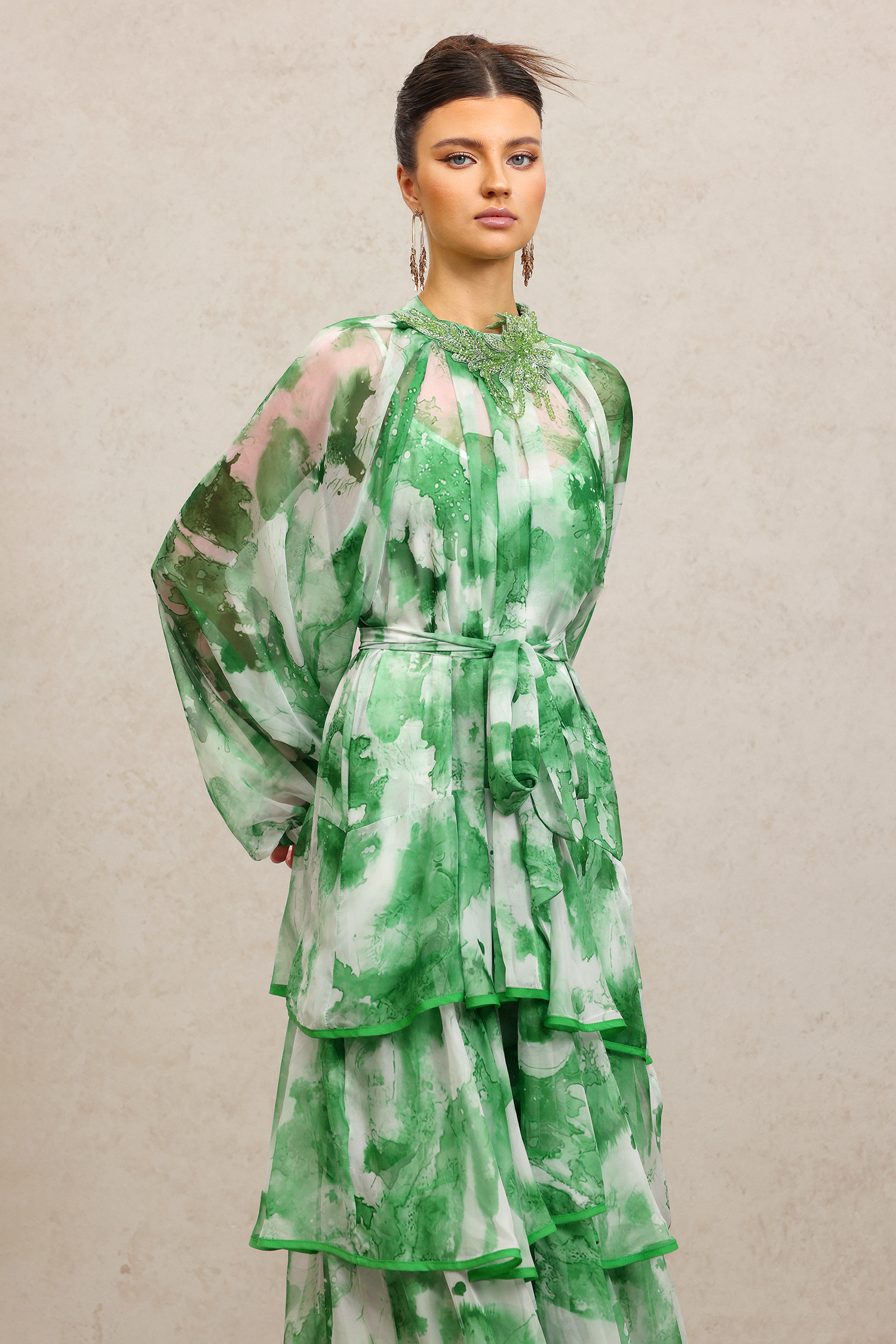 Jolie Round Neck Long Sleeves Floral Printed Folds Green Maxi Dress