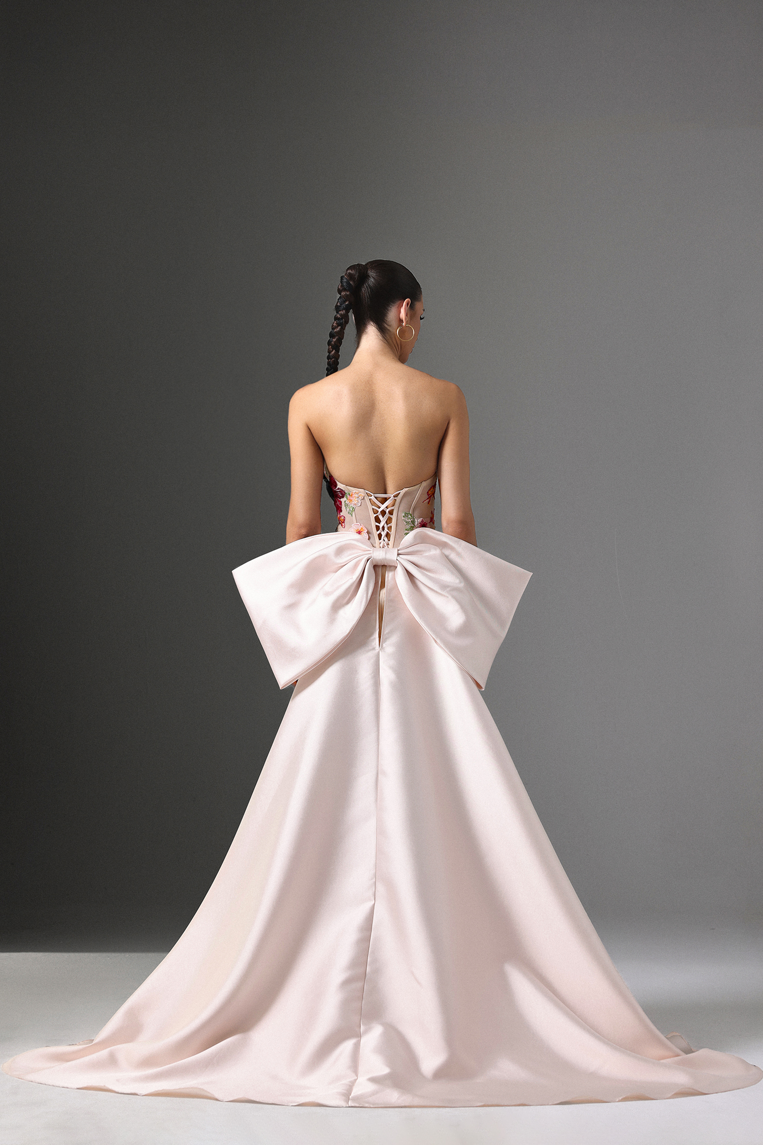 Elva Strapless Floral Embroidered Mini Dress with Bow Train