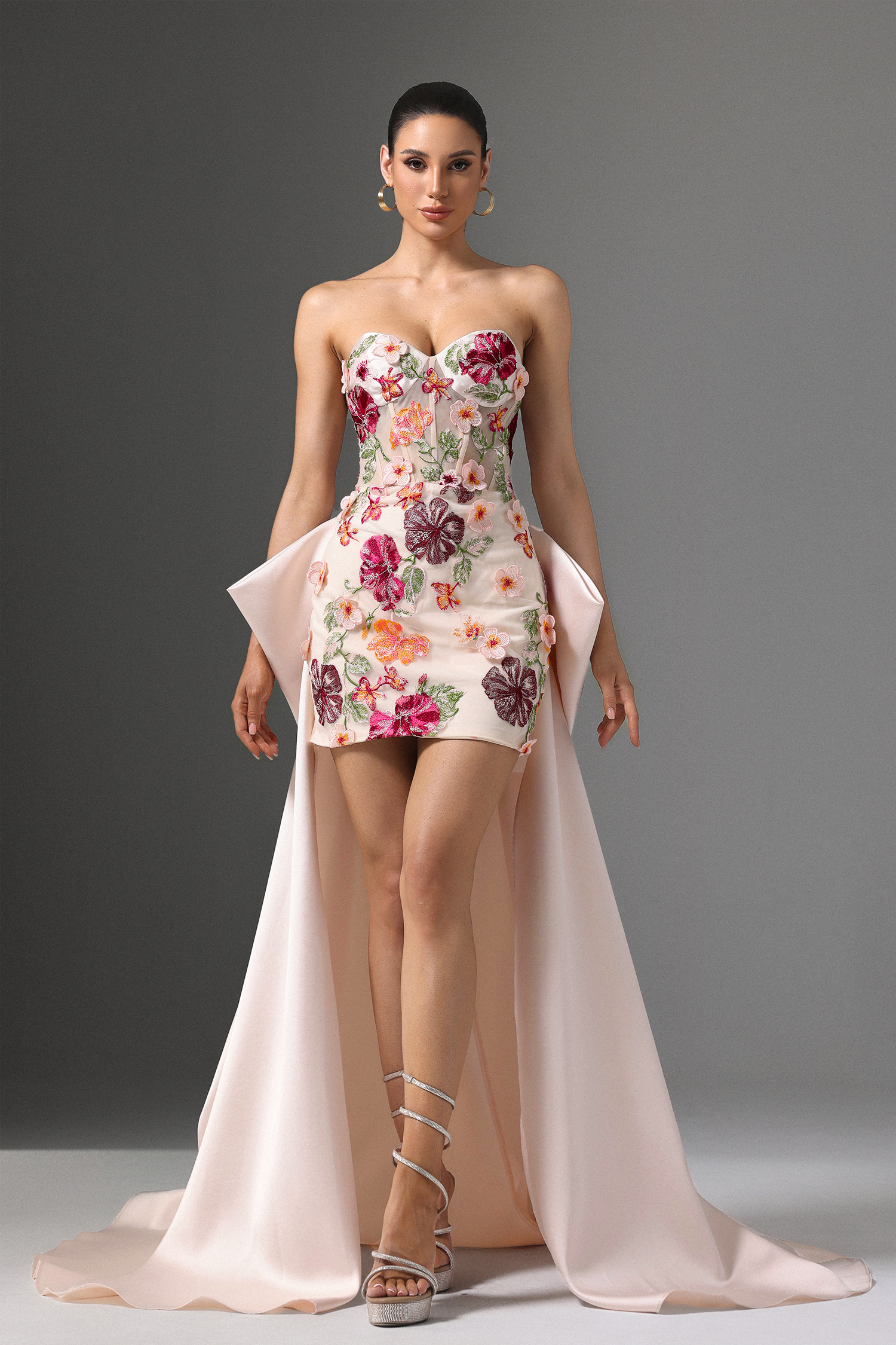Elva Strapless Floral Embroidered Mini Dress with Bow Train