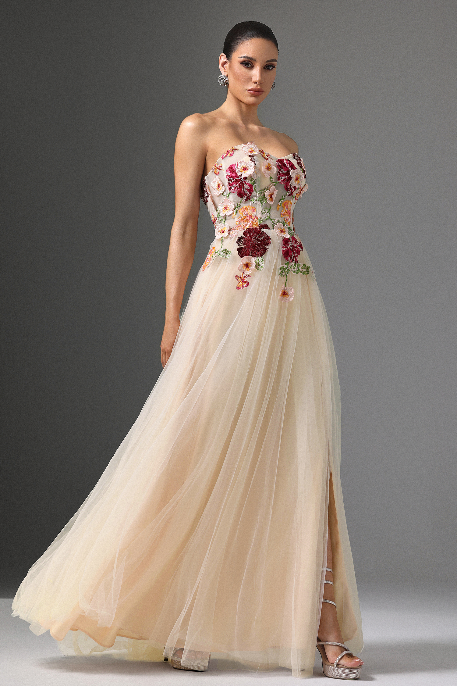 Sophiess Strapless Floral Embroidered High Slit Maxi Dress