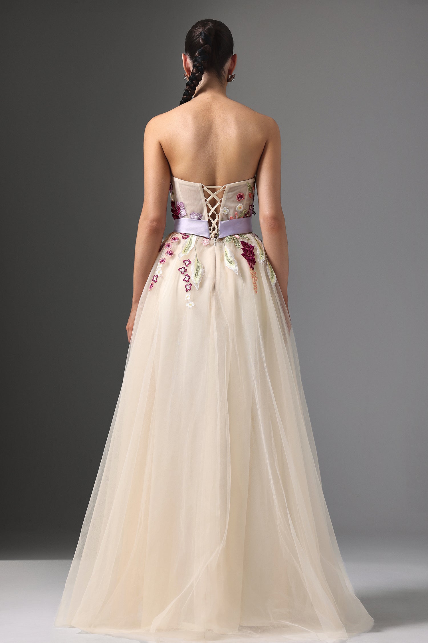 Rikiny Strapless Floral Embroidered High Slit Maxi Dress