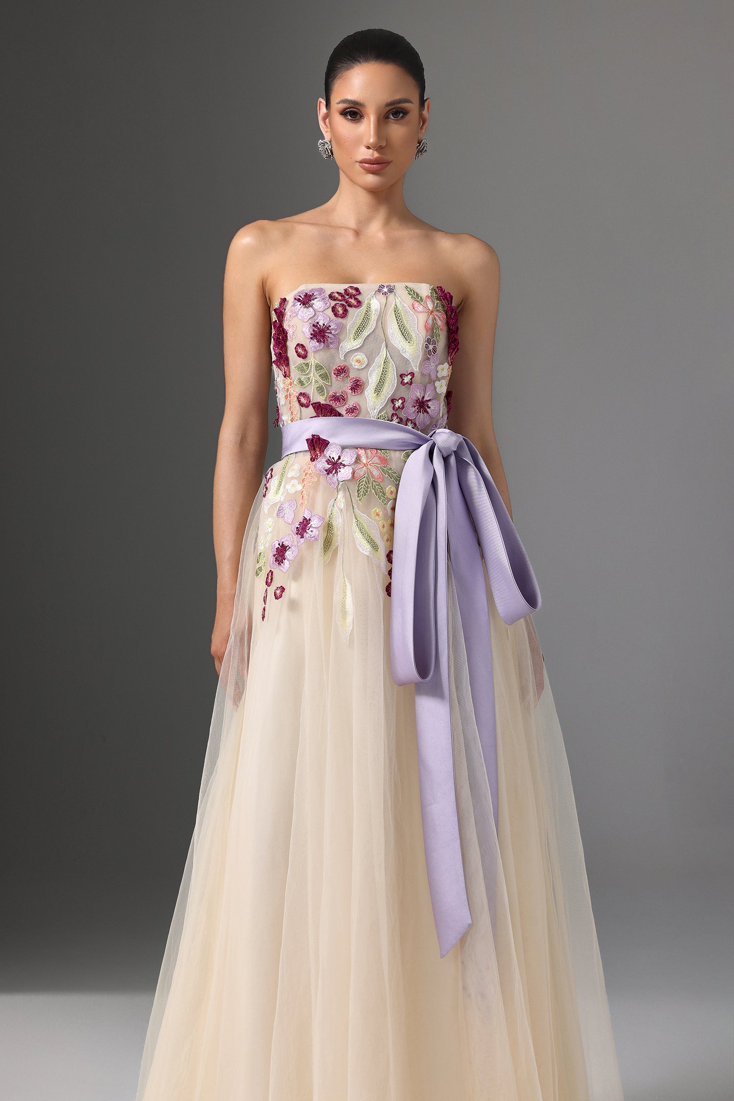 Rikiny Strapless Floral Embroidered High Slit Maxi Dress