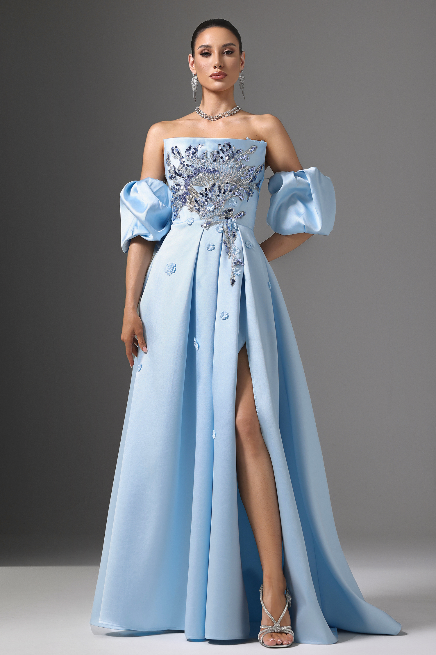 Winni Off-Shoulder Floral Embroidered High Slit Maxi Dress