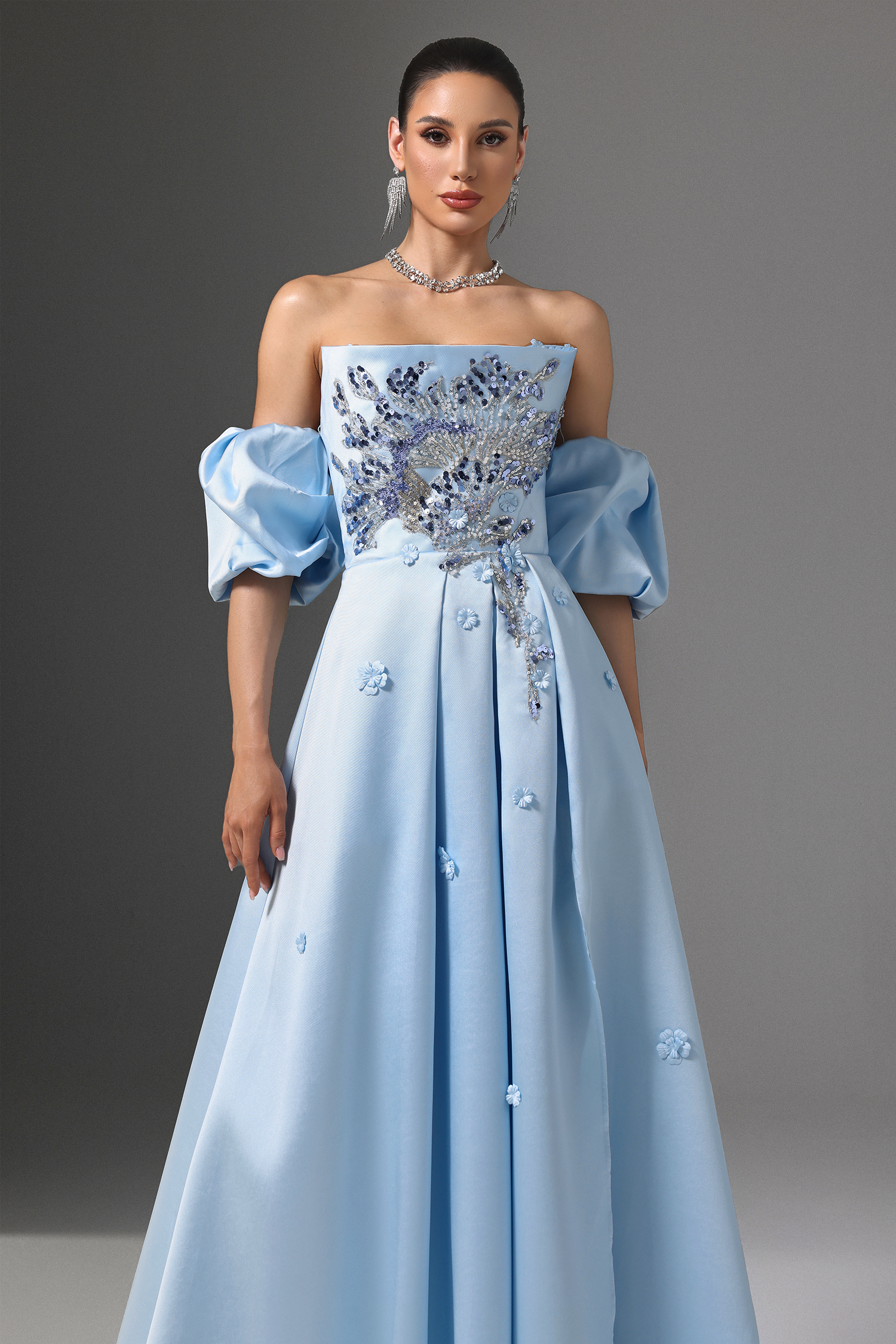 Winni Off-Shoulder Floral Embroidered High Slit Maxi Dress