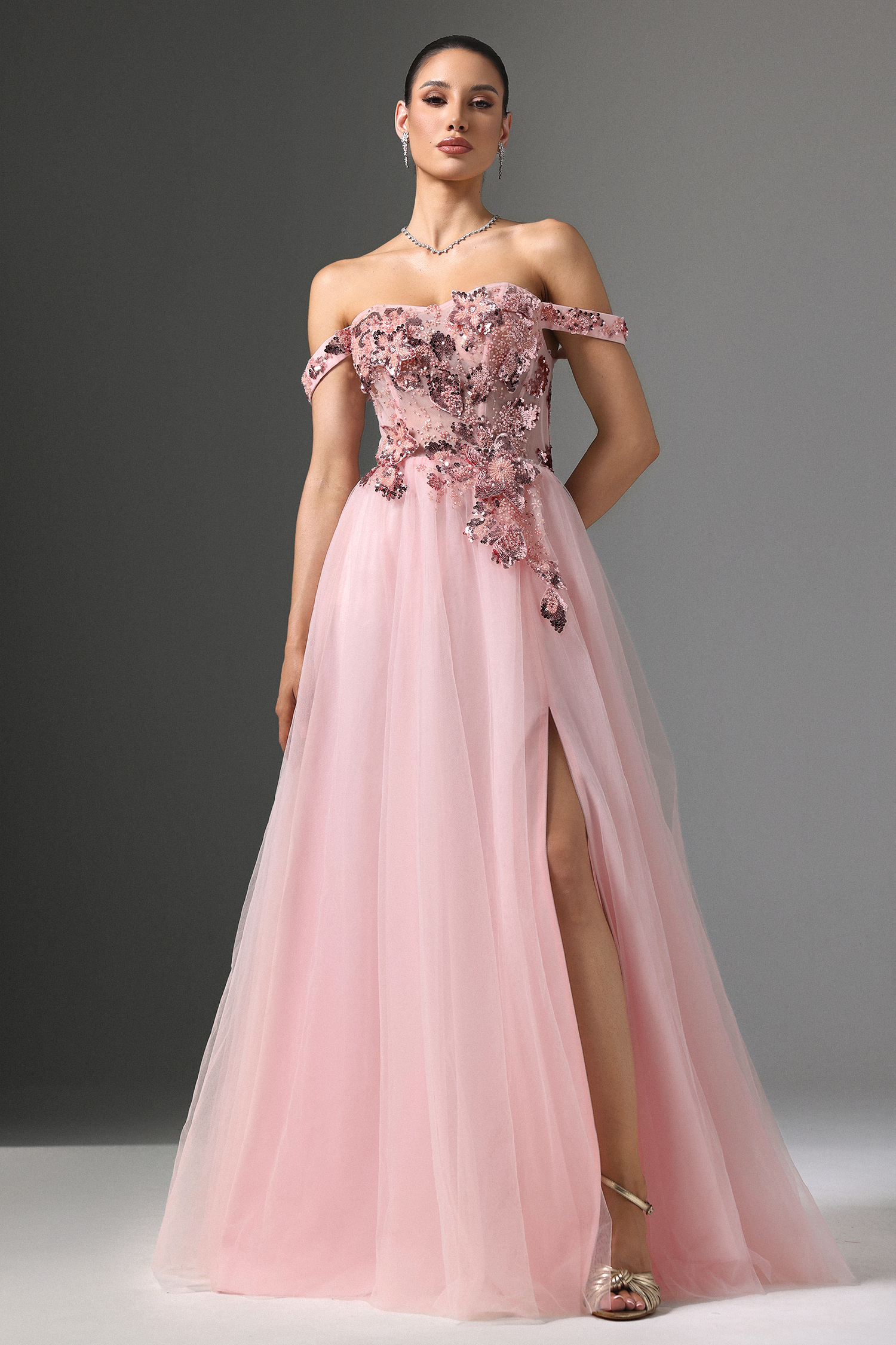 Lolo Off-shoulder Sequin Embroidered High Slit Maxi Dress