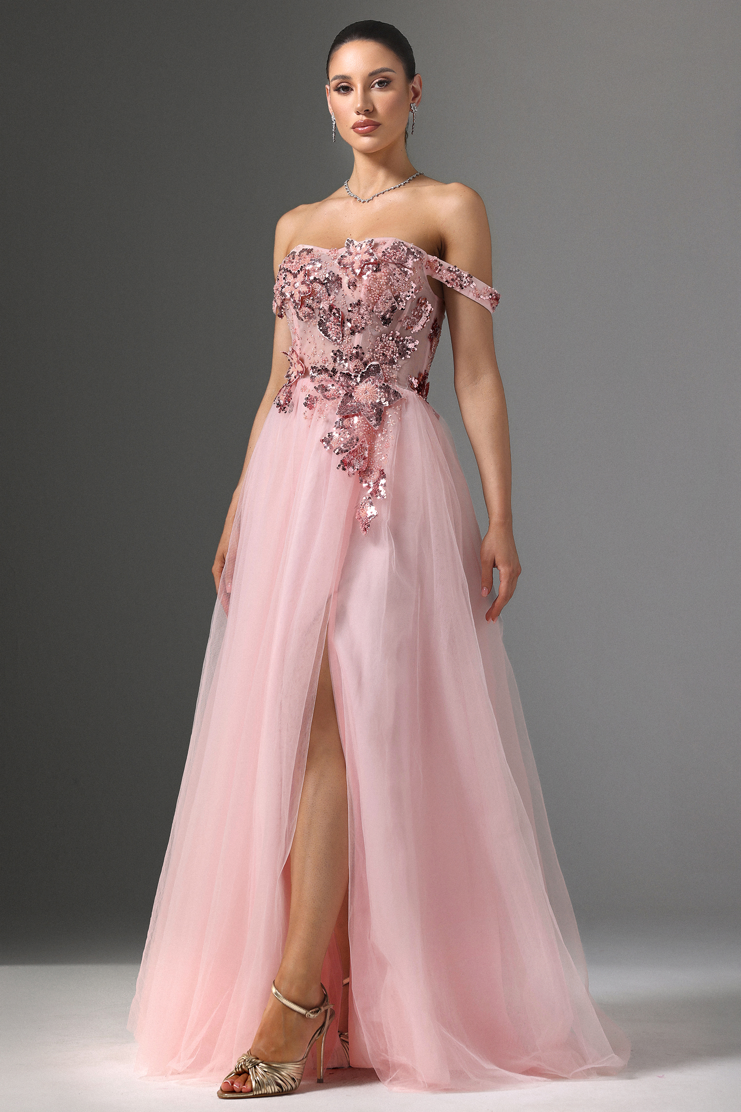 Lolo Off-shoulder Sequin Embroidered High Slit Maxi Dress