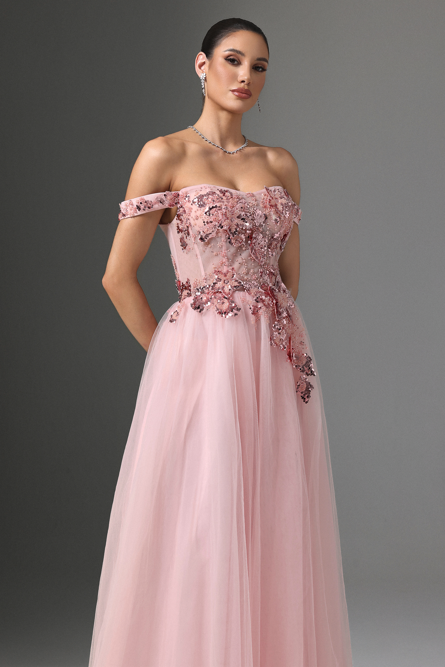 Lolo Off-shoulder Sequin Embroidered High Slit Maxi Dress