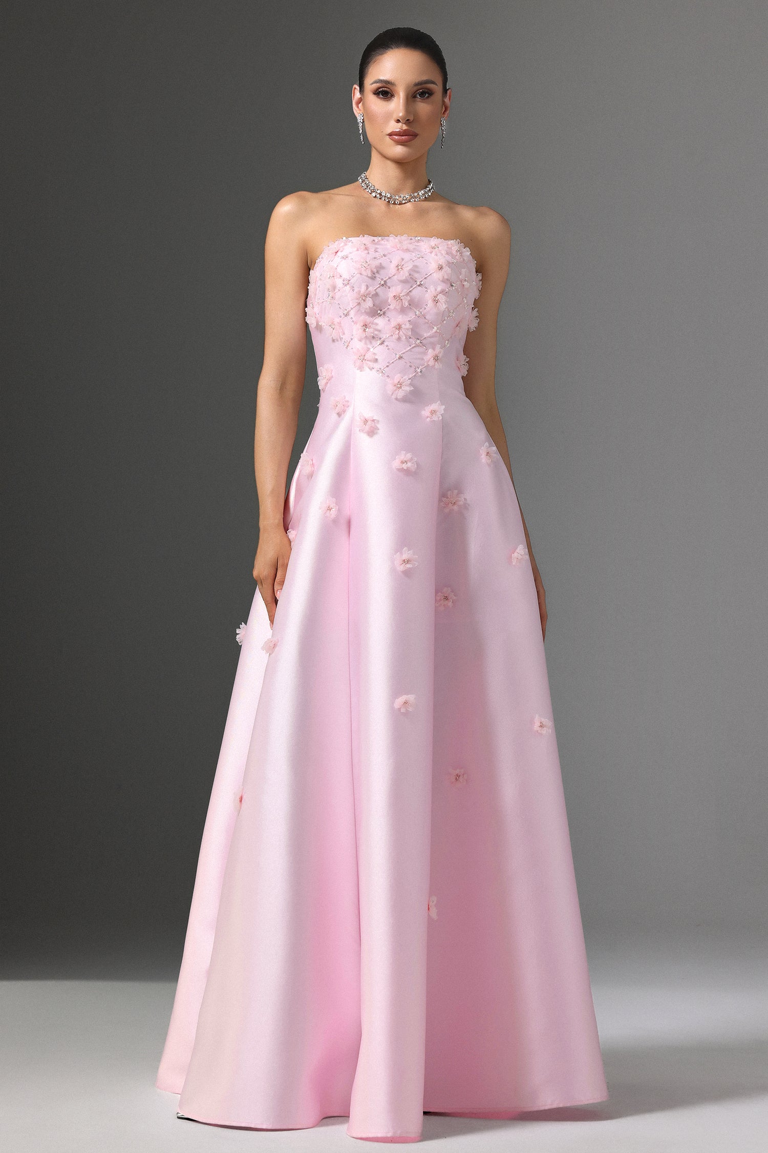 Werza Strapless Floral Beaded Maxi Dress