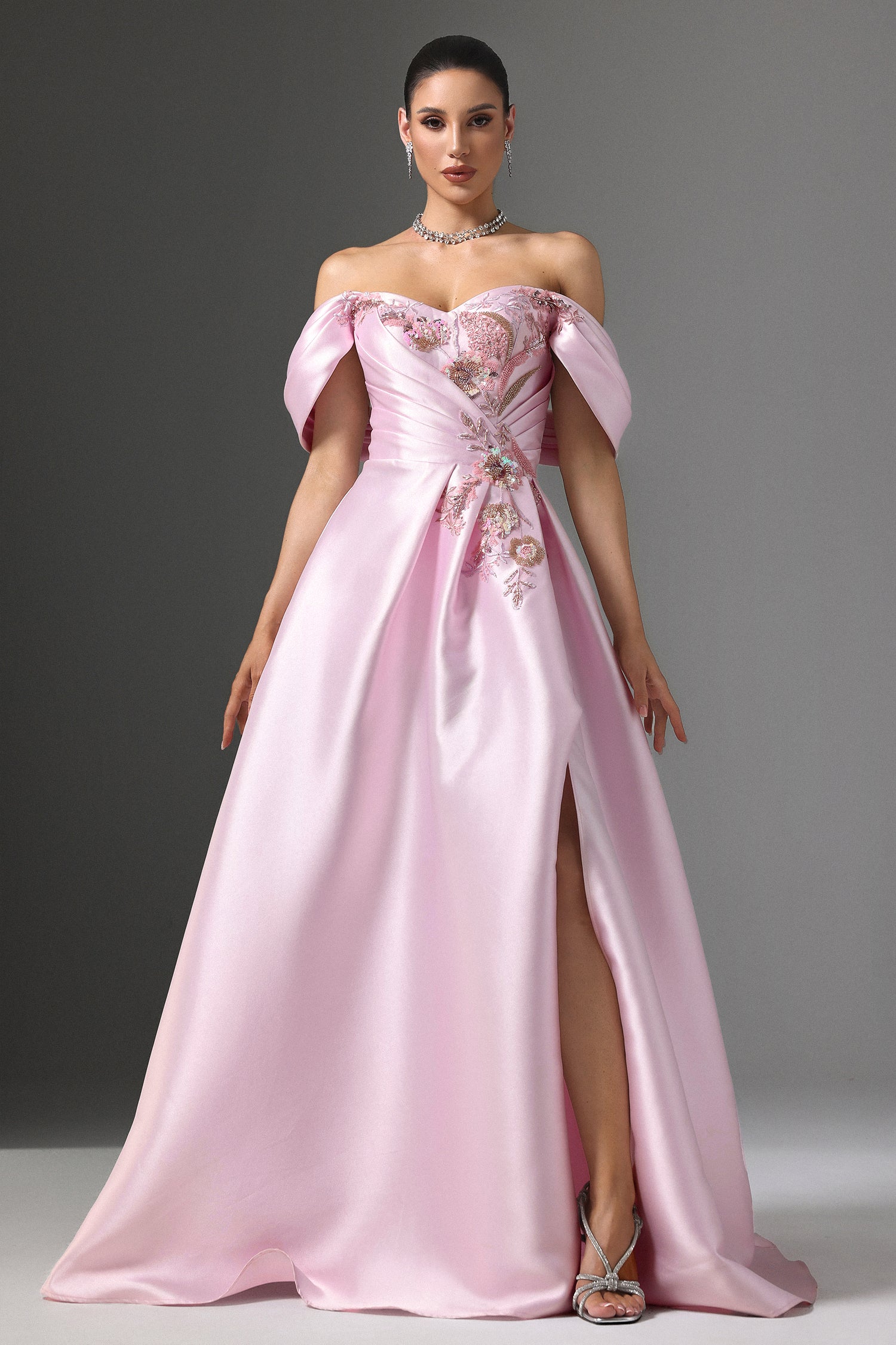 Eseniya Off-Shoulder Floral Embroidered Slit Maxi Dress