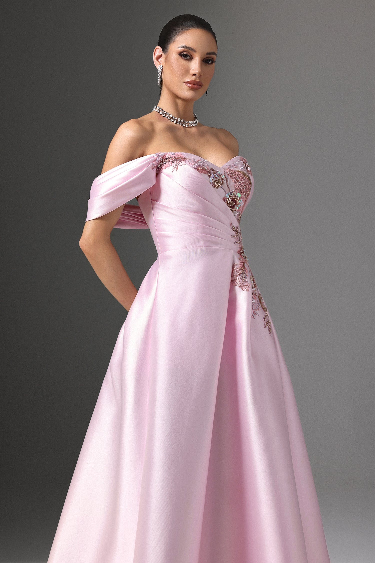 Eseniya Off-Shoulder Floral Embroidered Slit Maxi Dress