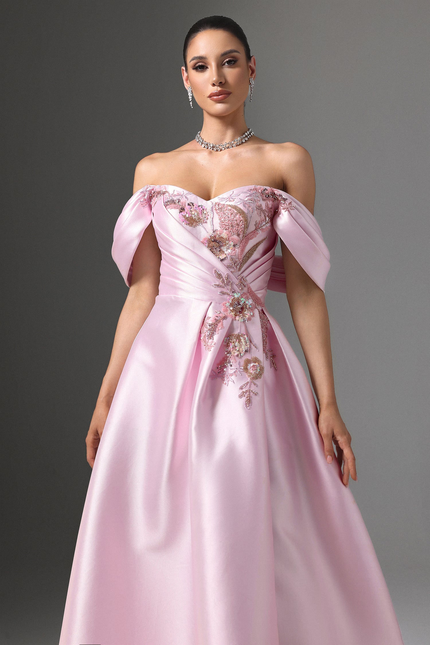 Eseniya Off-Shoulder Floral Embroidered Slit Maxi Dress