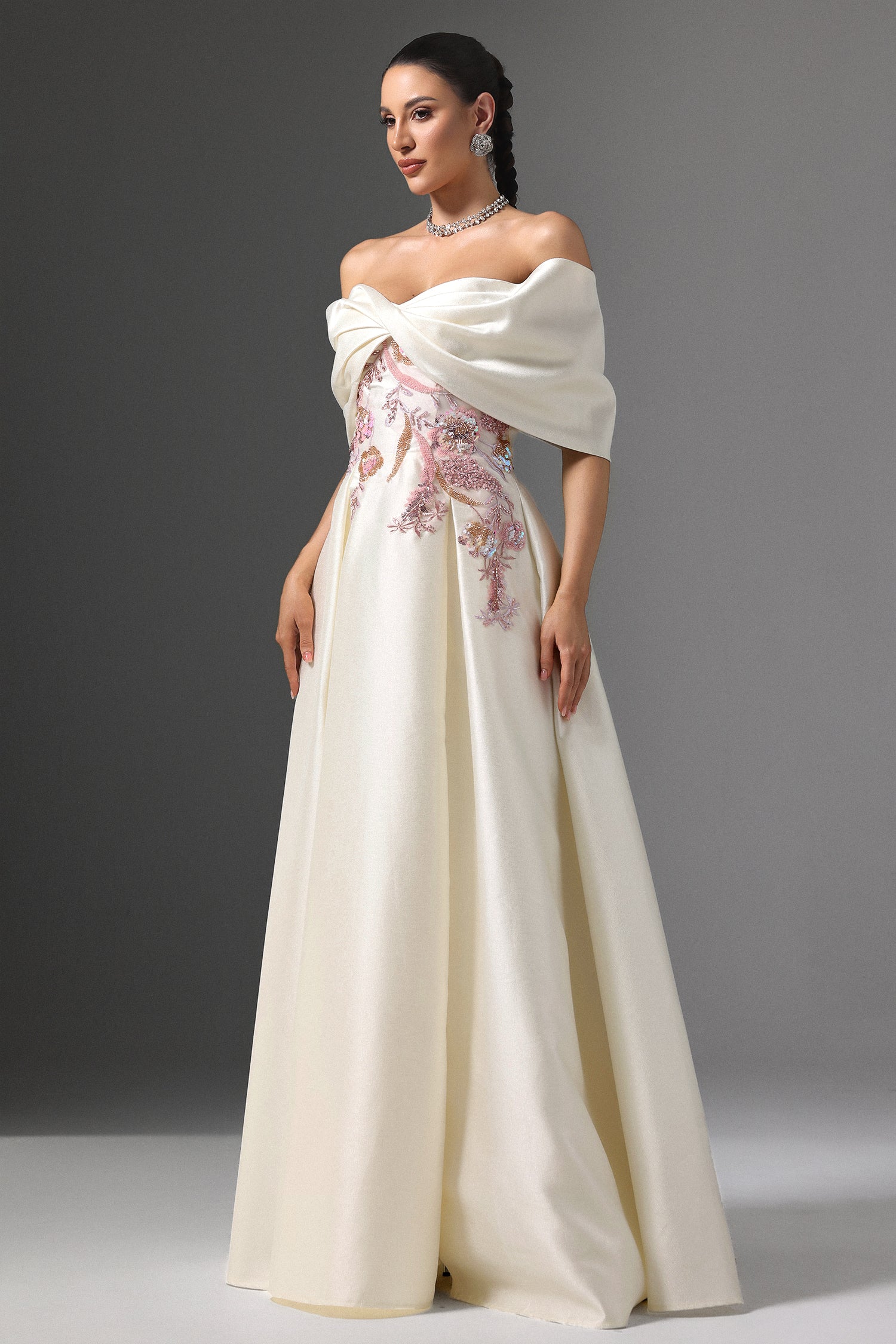 Facia Off-Shoulder Floral Embroidered High Slit Maxi Dress