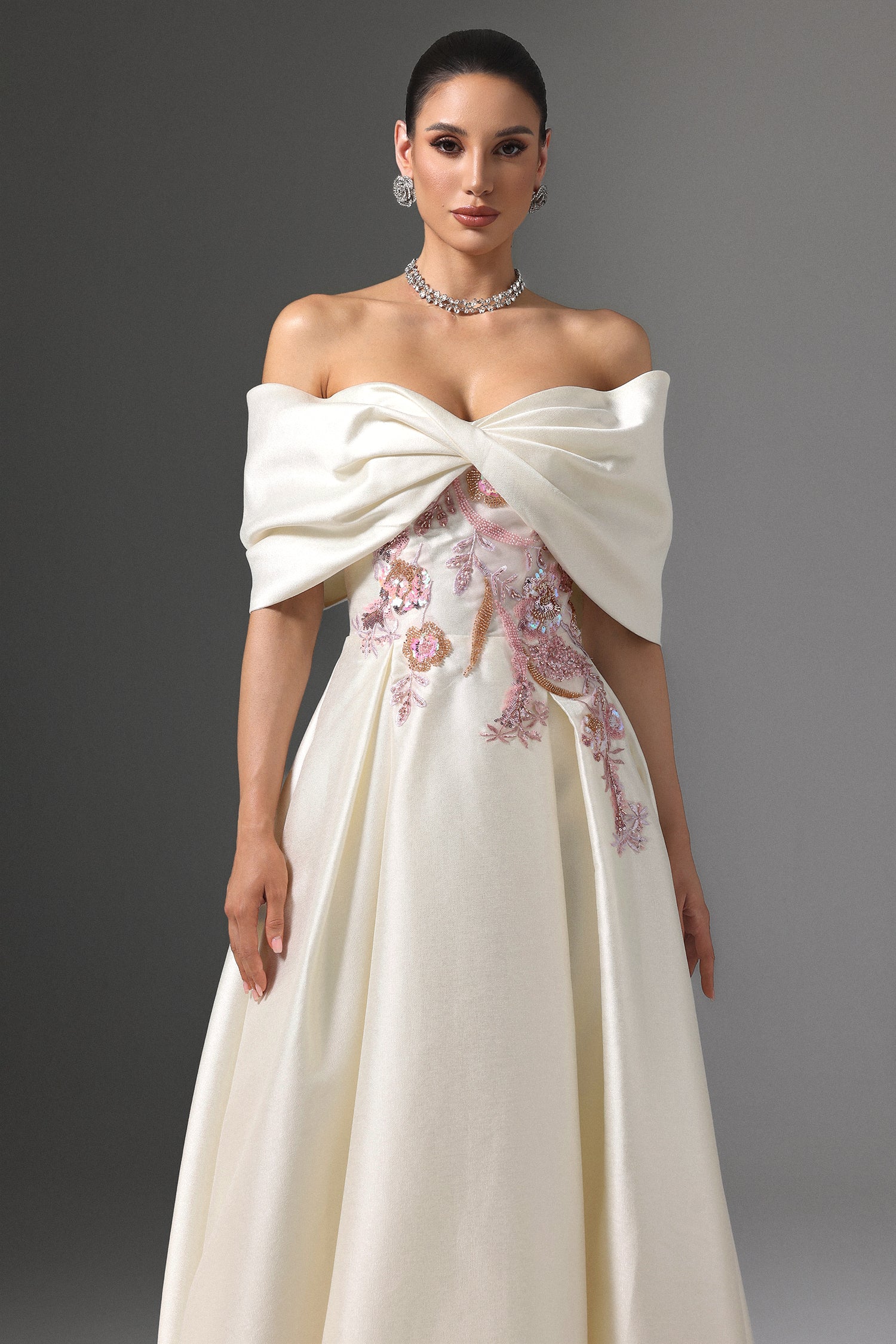 Facia Off-Shoulder Floral Embroidered High Slit Maxi Dress