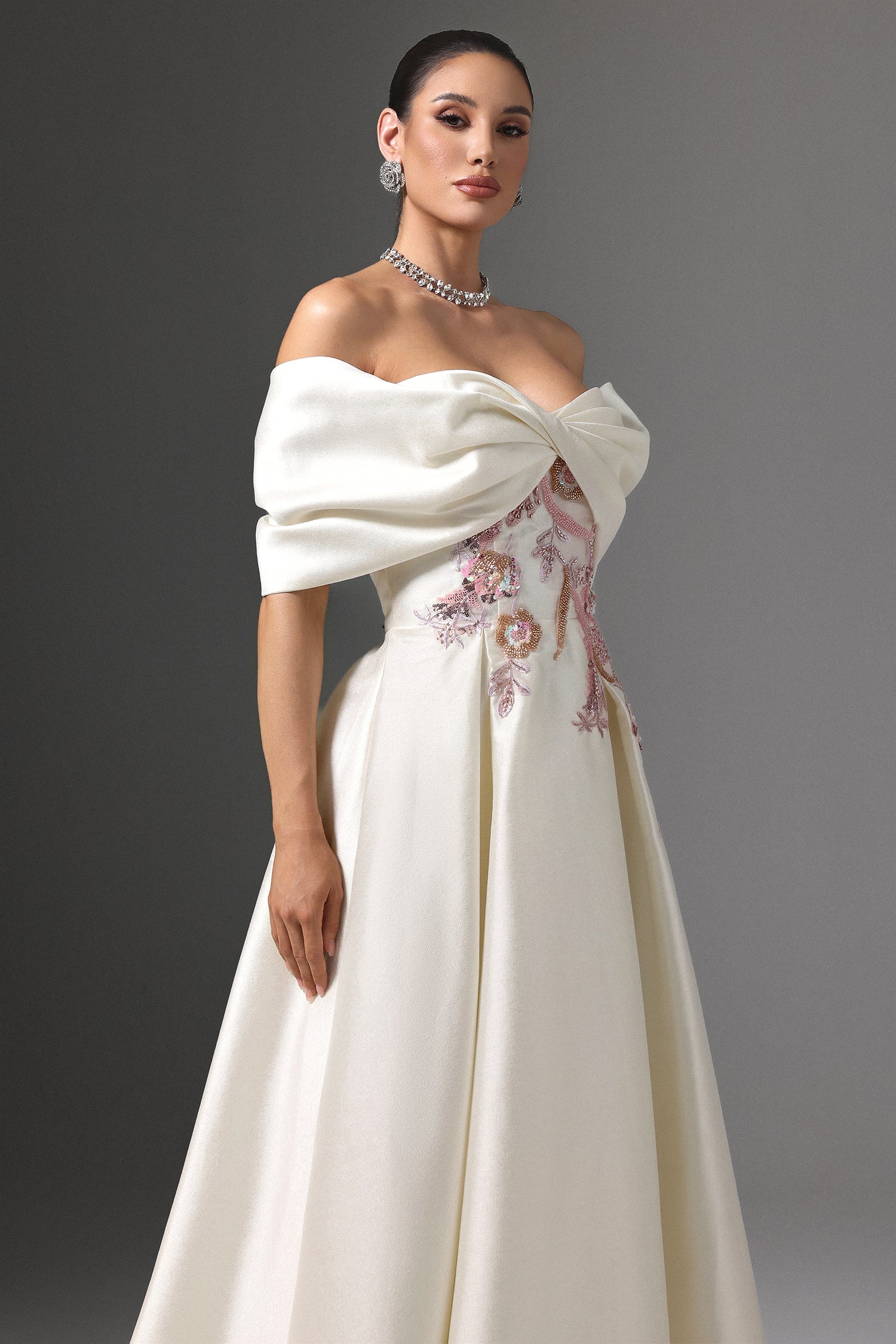 Facia Off-Shoulder Floral Embroidered High Slit Maxi Dress