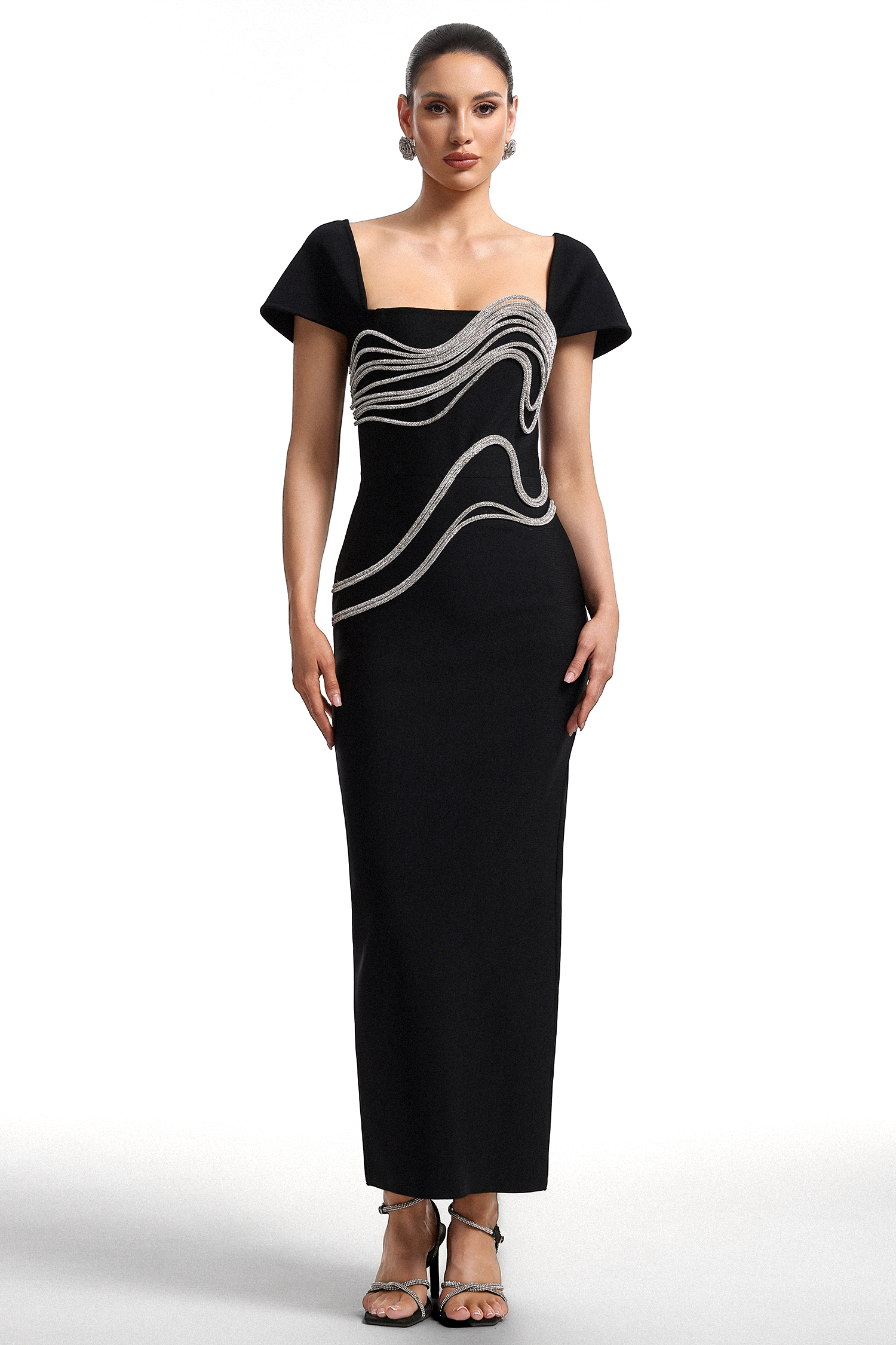 Vako Low Neck Rhinestone Bandage Maxi Dress