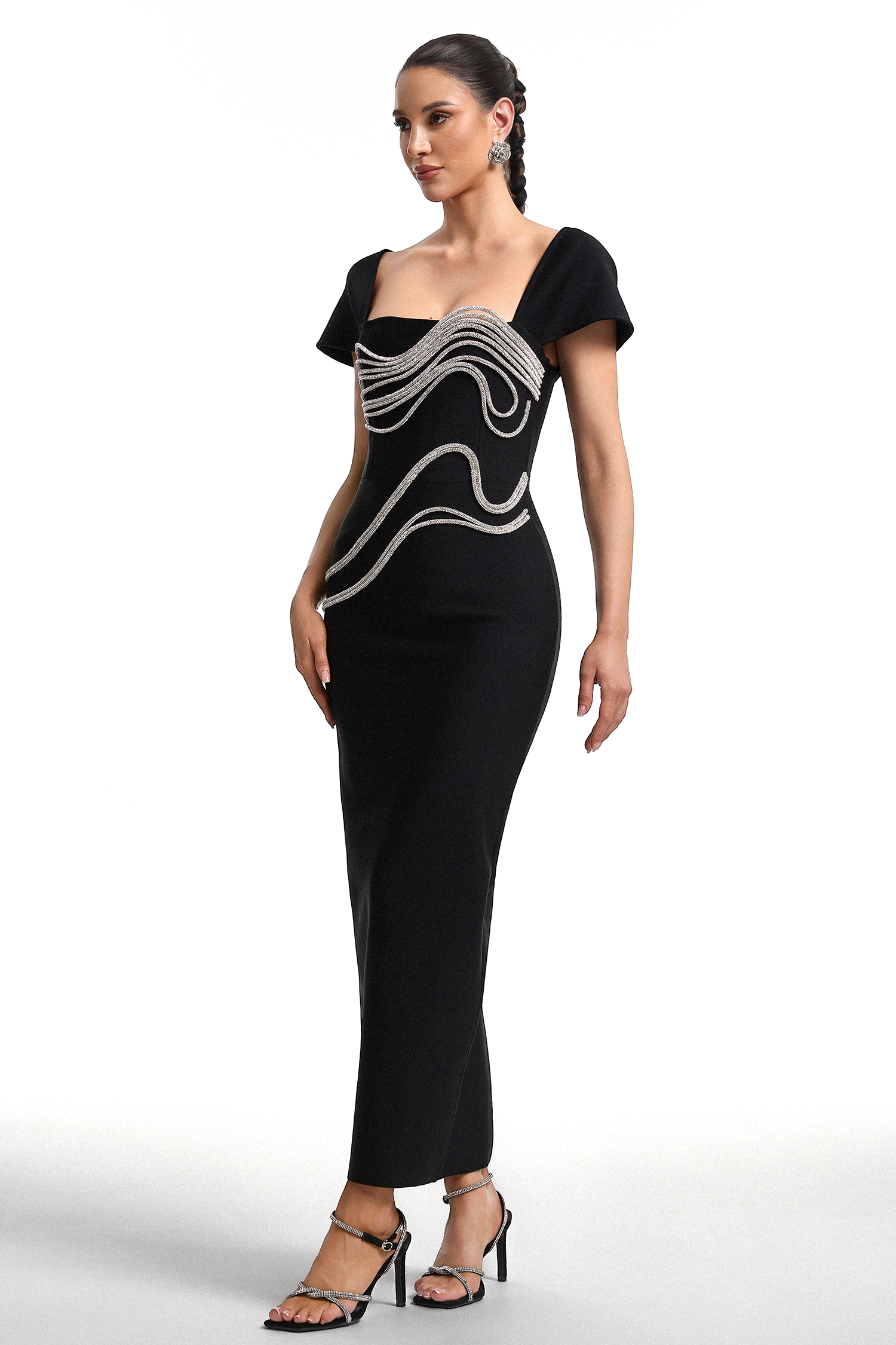 Vako Low Neck Rhinestone Bandage Maxi Dress