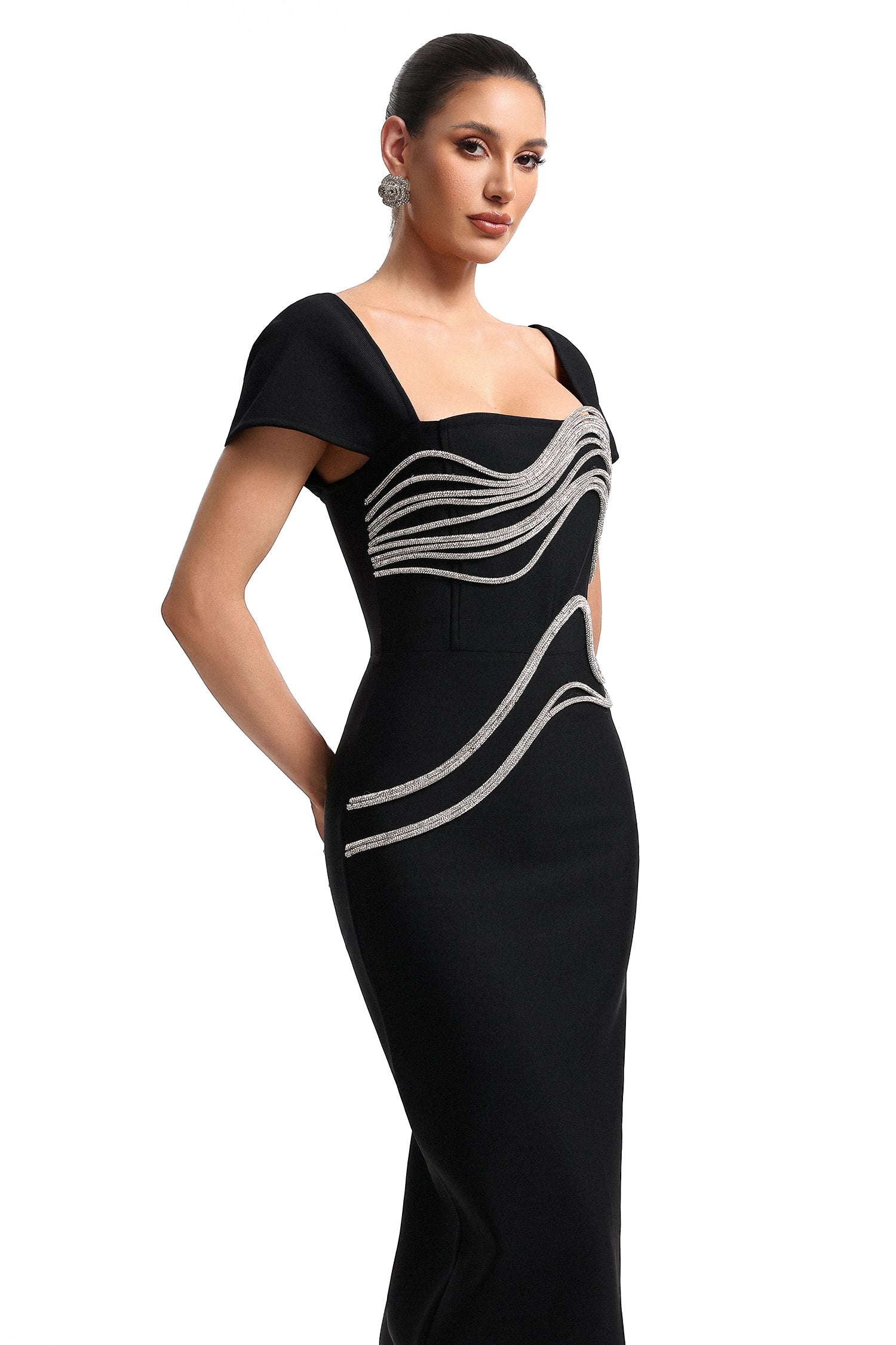Vako Low Neck Rhinestone Bandage Maxi Dress