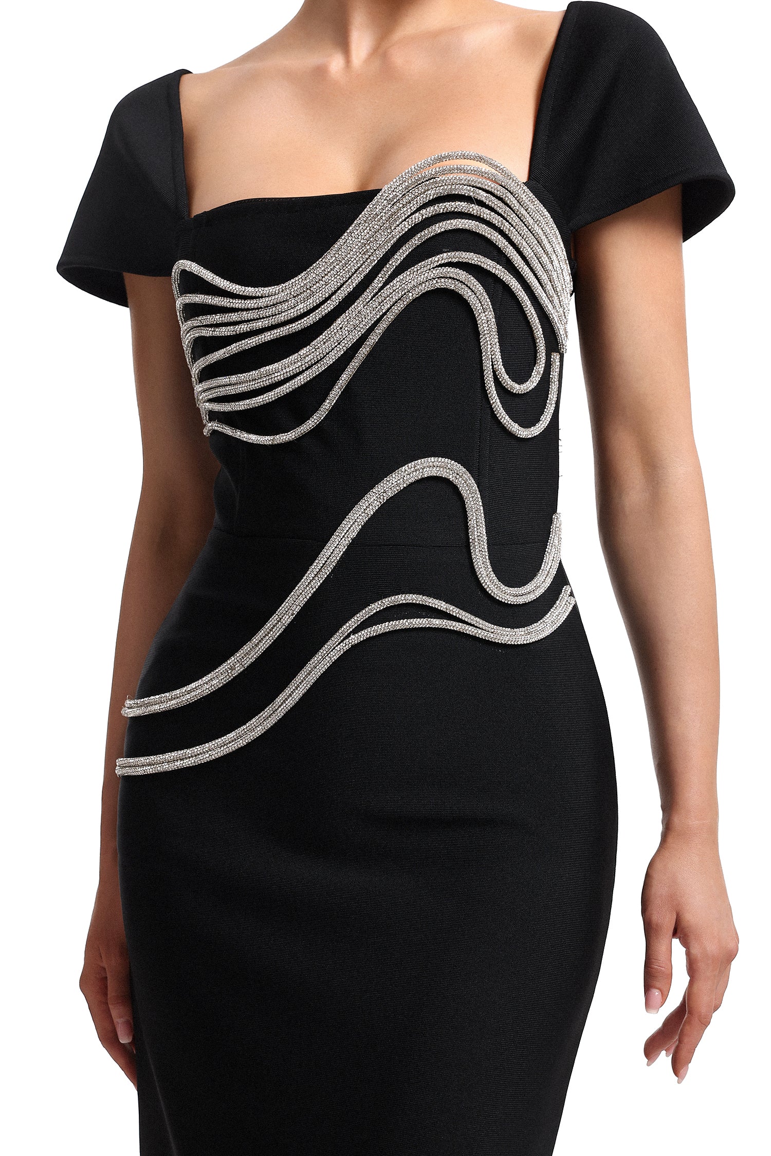 Vako Low Neck Rhinestone Bandage Maxi Dress