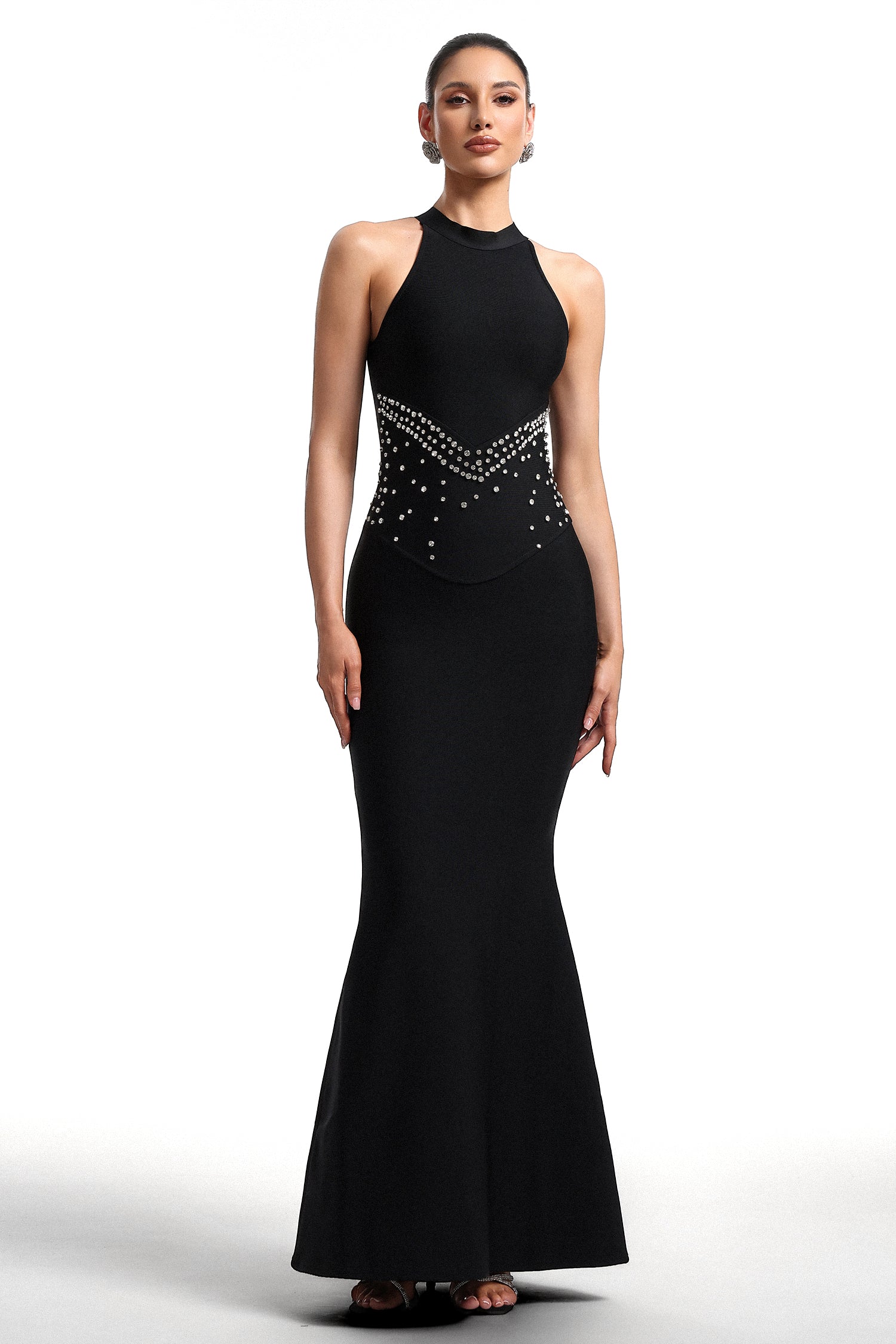 Inbar Halter Neck Sleeveless Rhinestone Bandage Maxi Dress