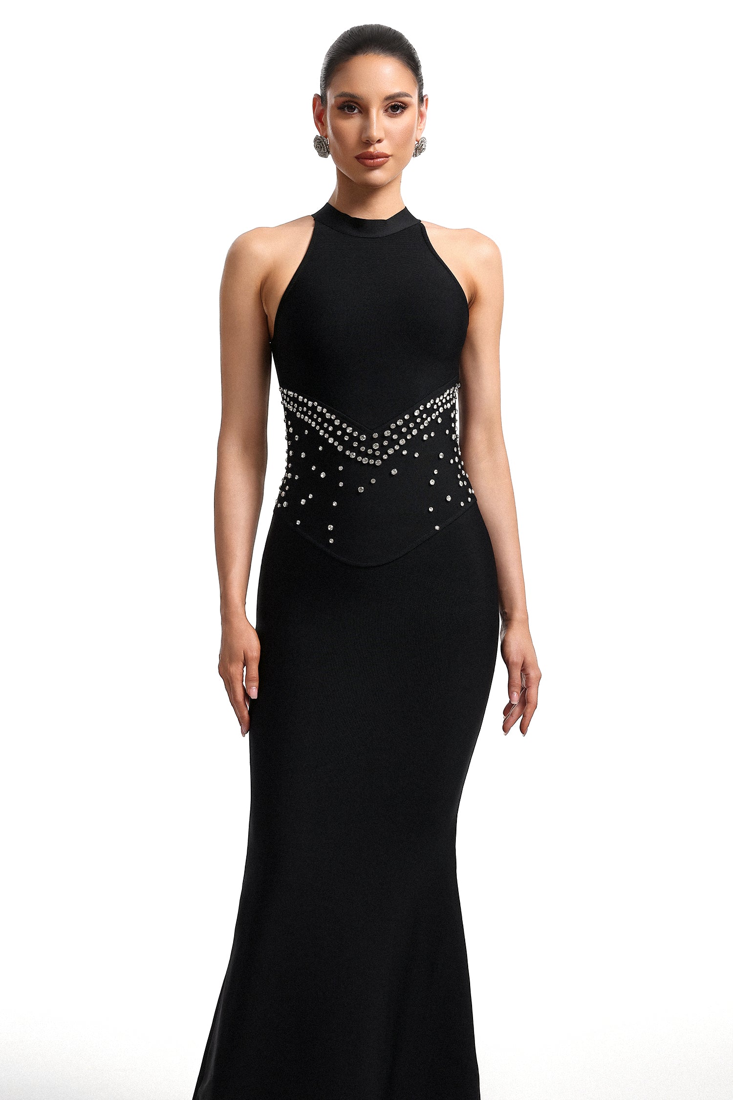 Inbar Halter Neck Sleeveless Rhinestone Bandage Maxi Dress