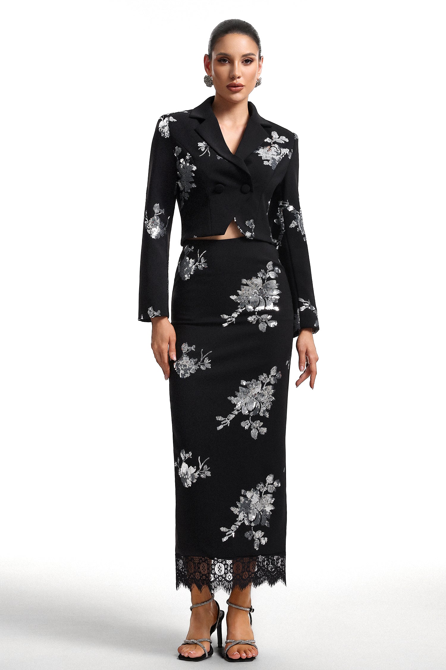 Hermione V-Neck Long Sleeve Floral Print Crop Blazer and Skirt Set