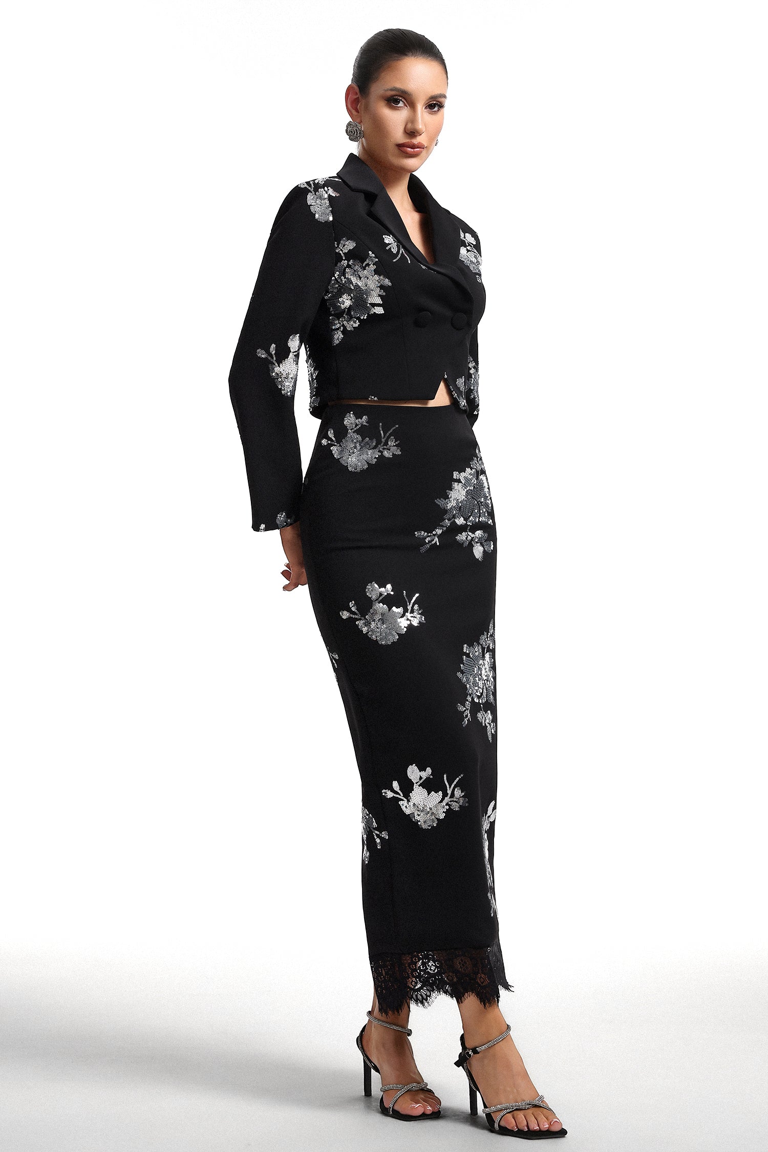 Hermione V-Neck Long Sleeve Floral Print Crop Blazer and Skirt Set