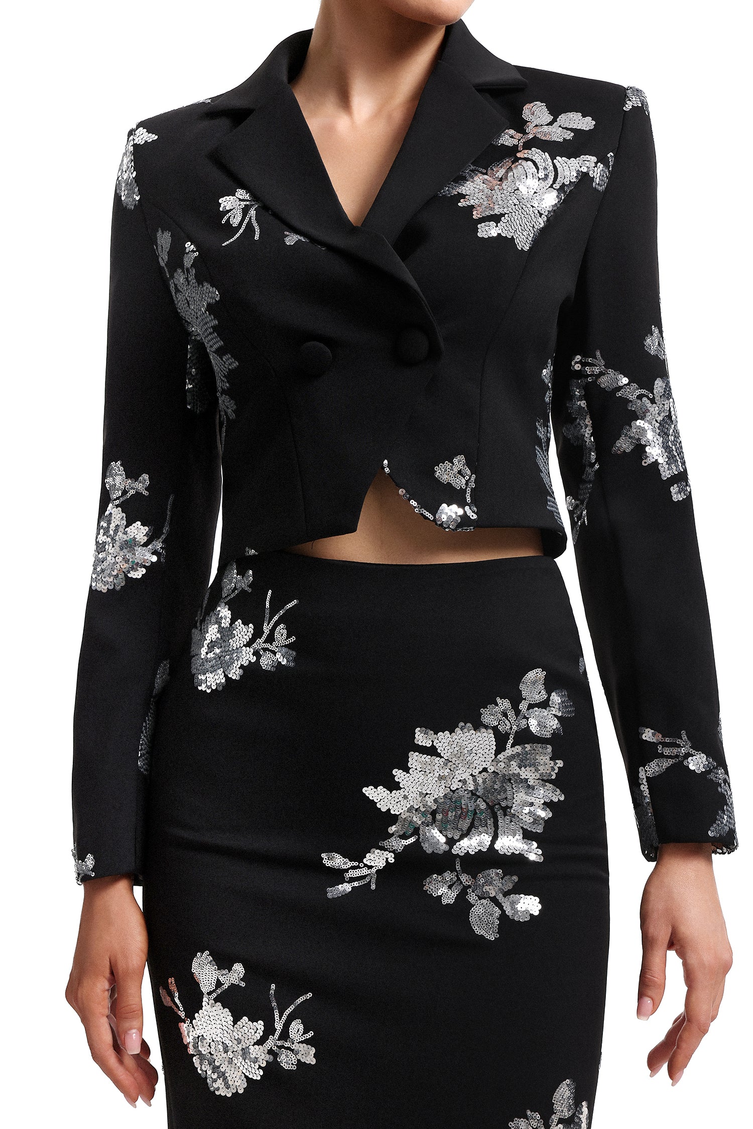 Hermione V-Neck Long Sleeve Floral Print Crop Blazer and Skirt Set