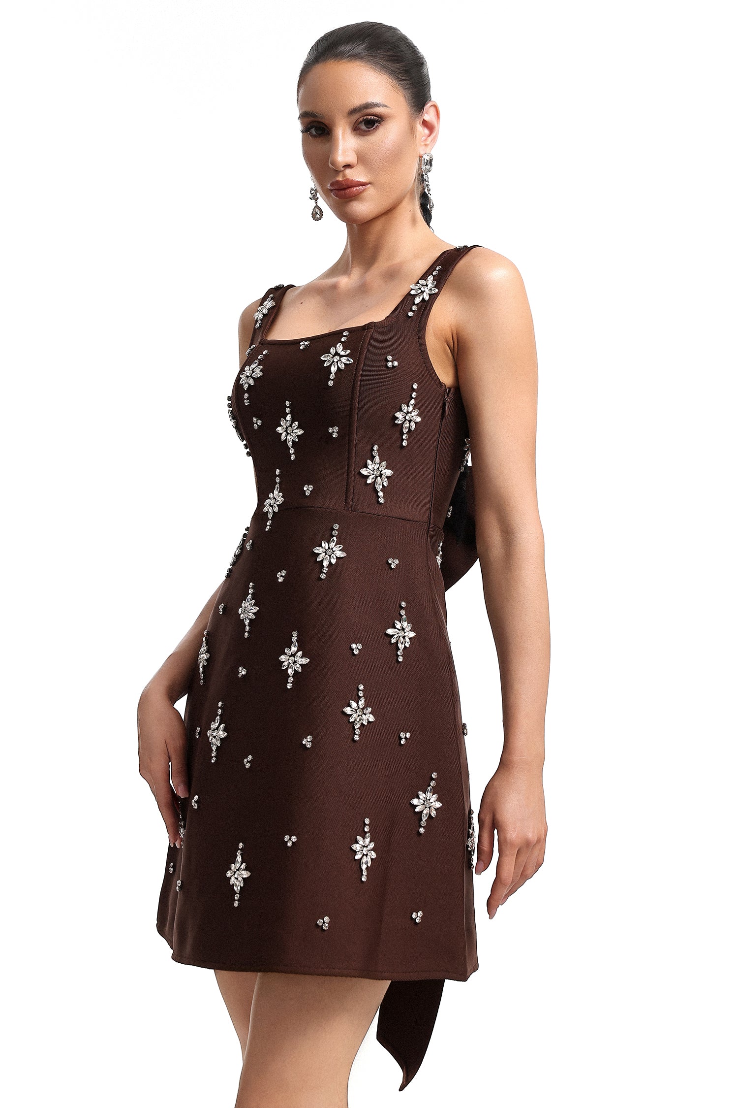 Xaver Square Neck Rhinestone Bandage Maxi Dress