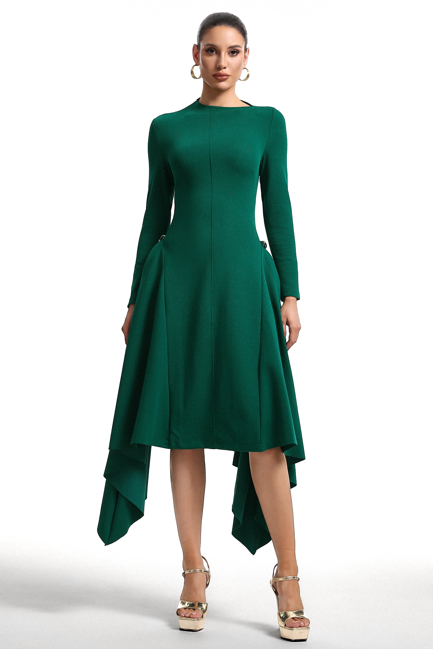 Sylvia Long Sleeves Green Midi Dress