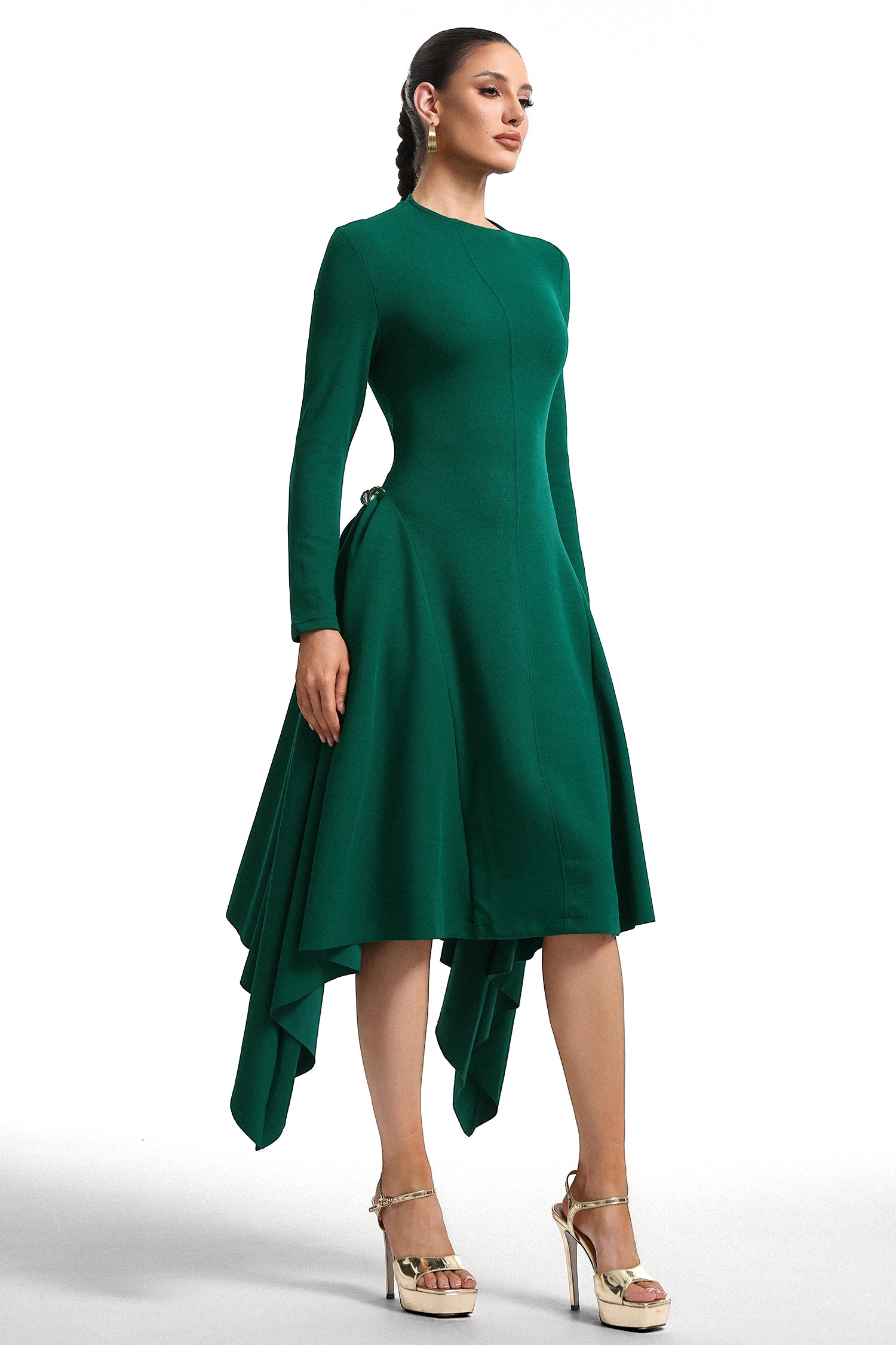 Sylvia Long Sleeves Green Midi Dress