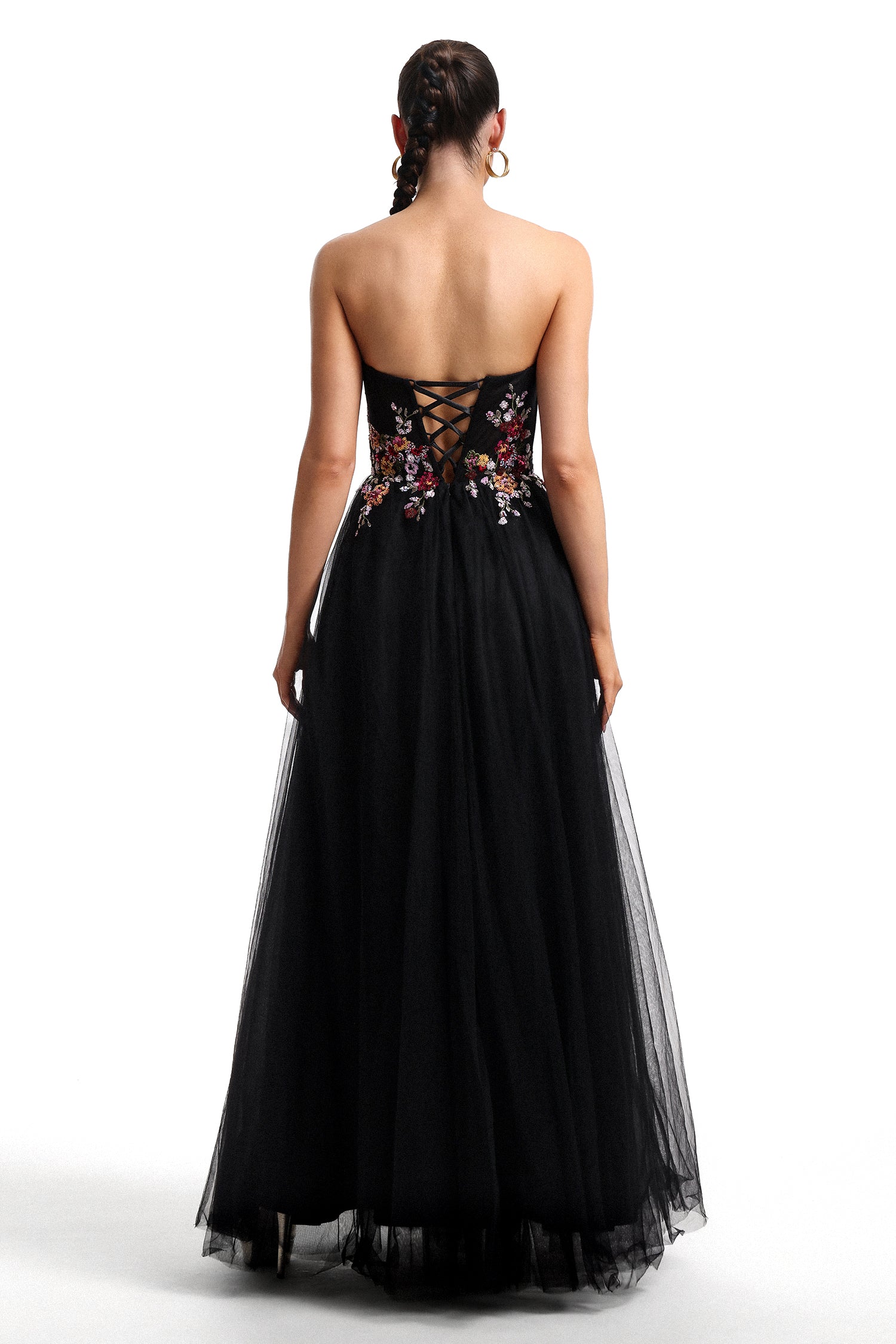 Timesha Strapless Floral Embroidered High Slit Maxi Dress