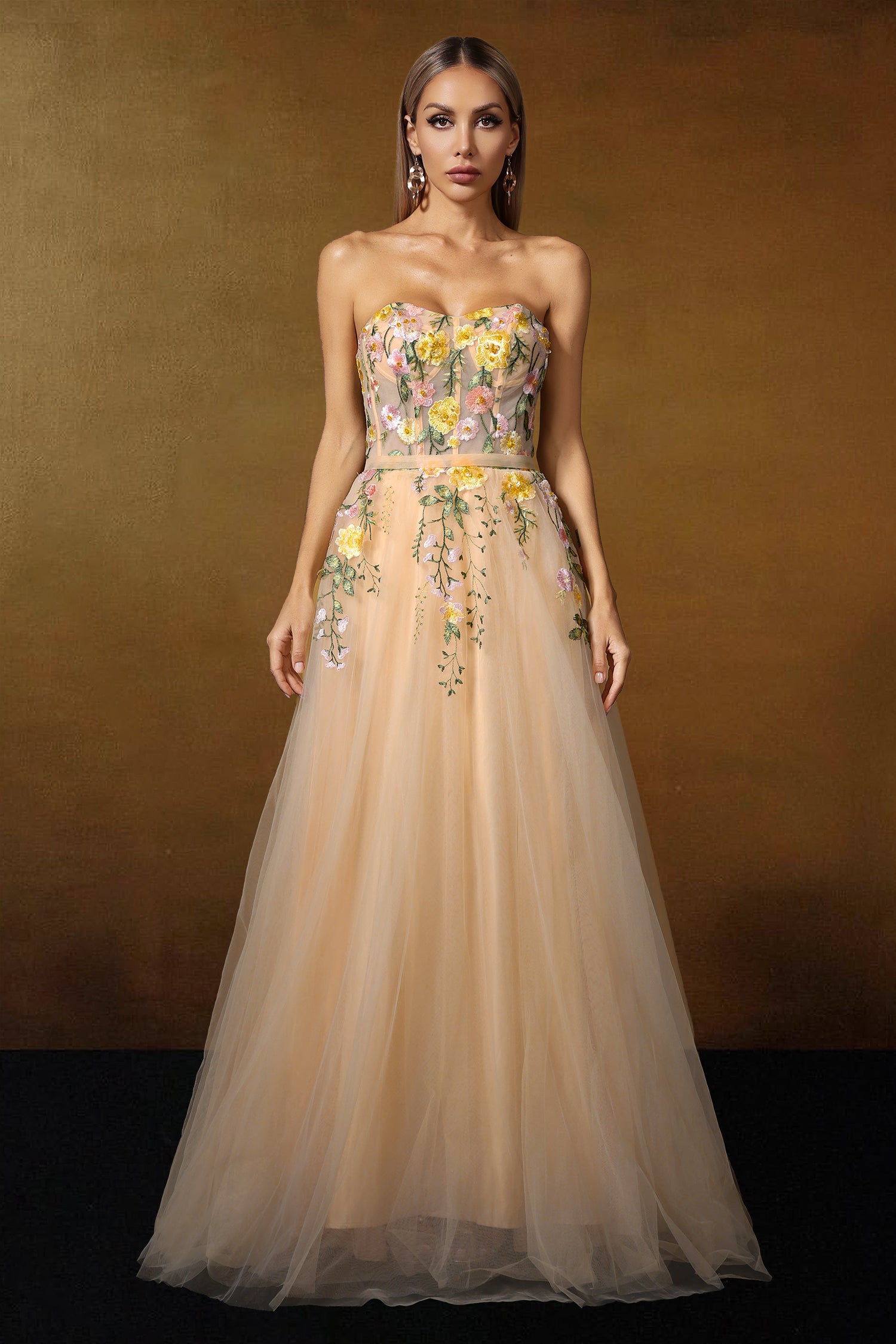 Falae Strapless Floral Embroidered Maxi Dress