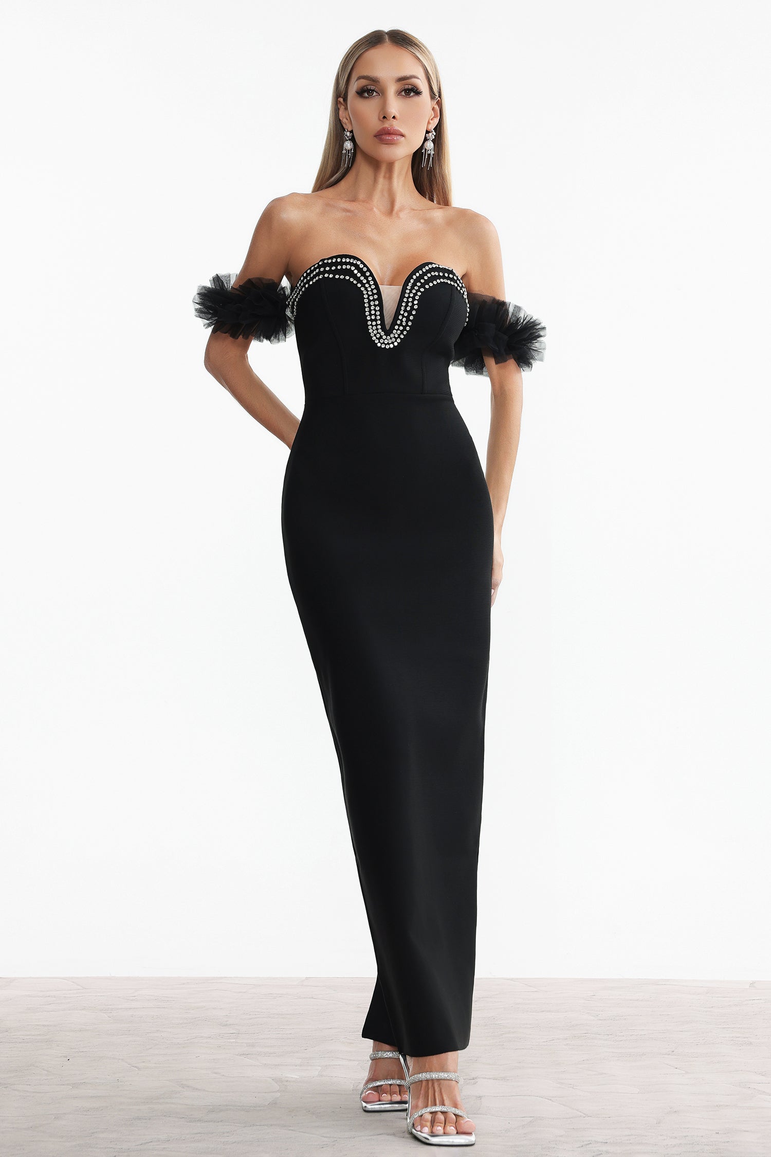 Sarna Off Shoulder Rhinestone Bandage Maxi Dress