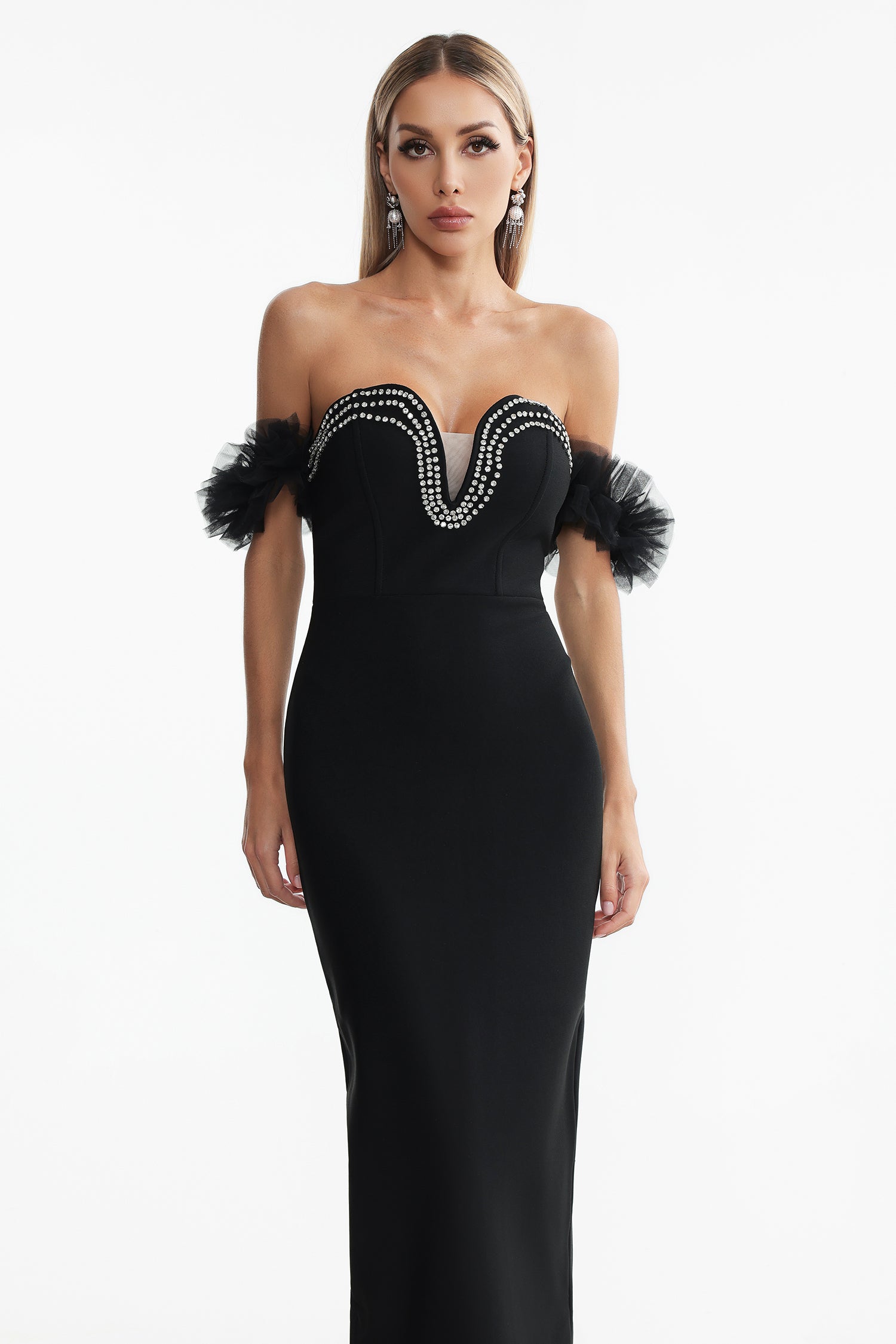 Sarna Off Shoulder Rhinestone Bandage Maxi Dress