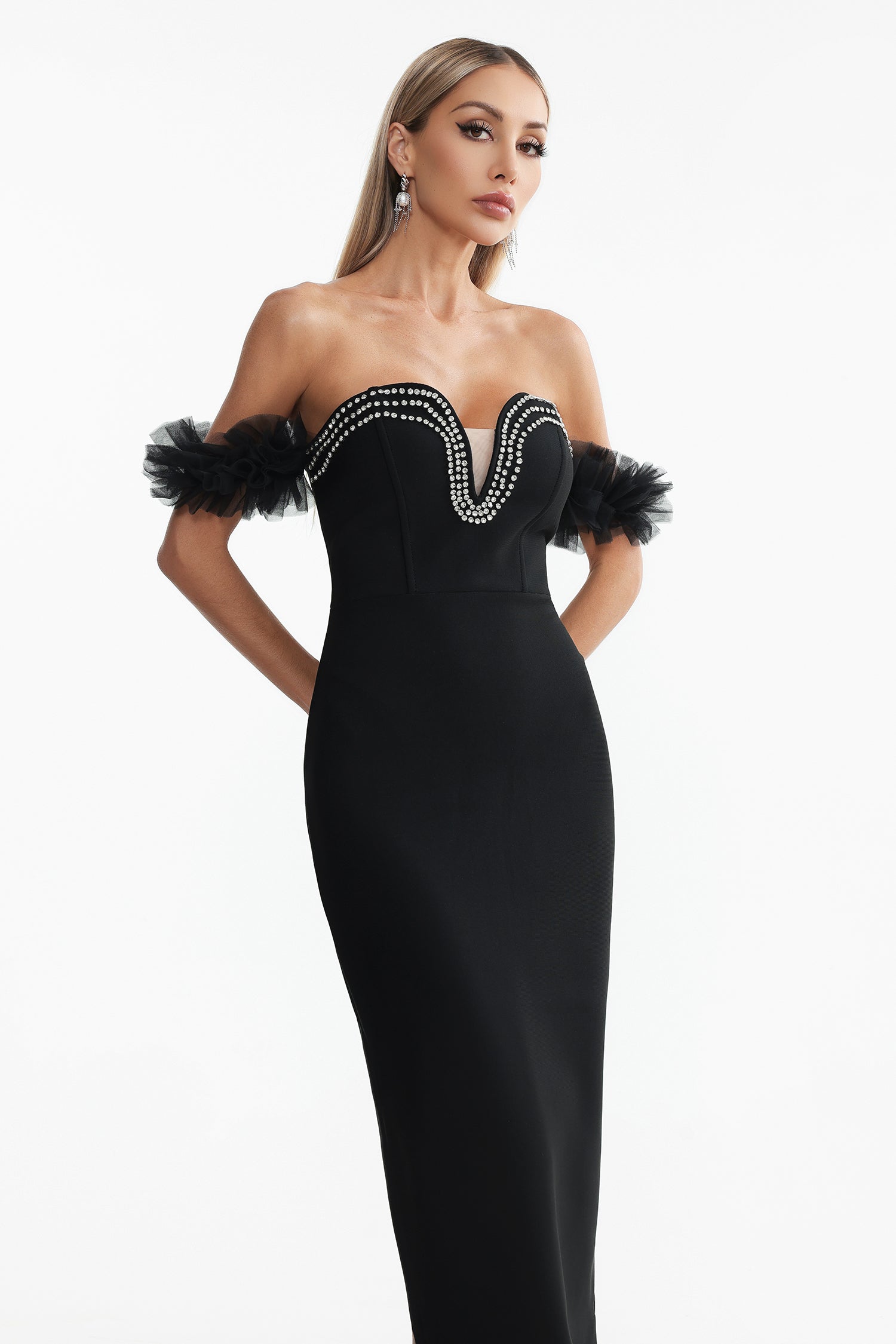 Sarna Off Shoulder Rhinestone Bandage Maxi Dress