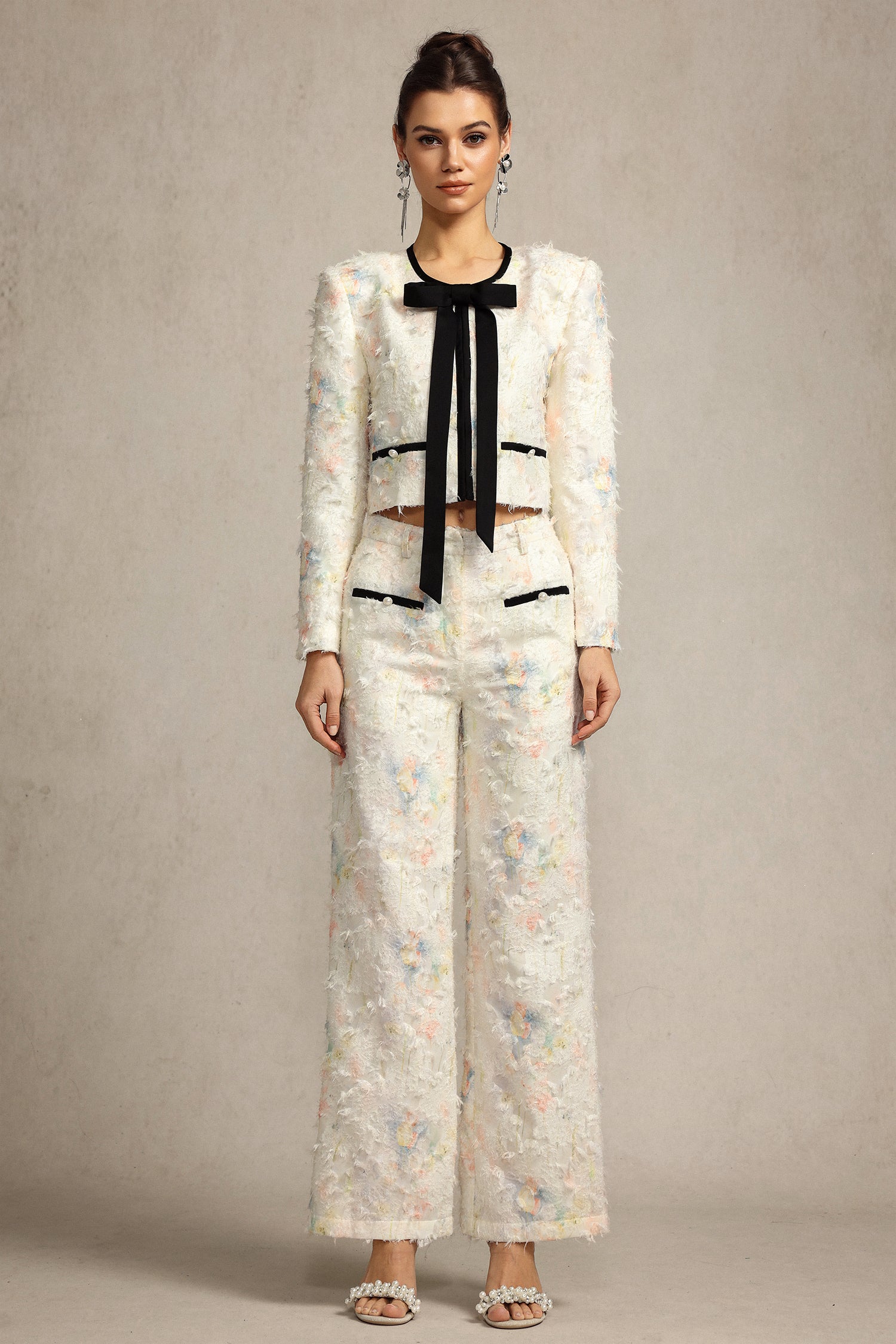 Sarna Round Neck Bowknot Printed Top And Pants Two-Piece Set