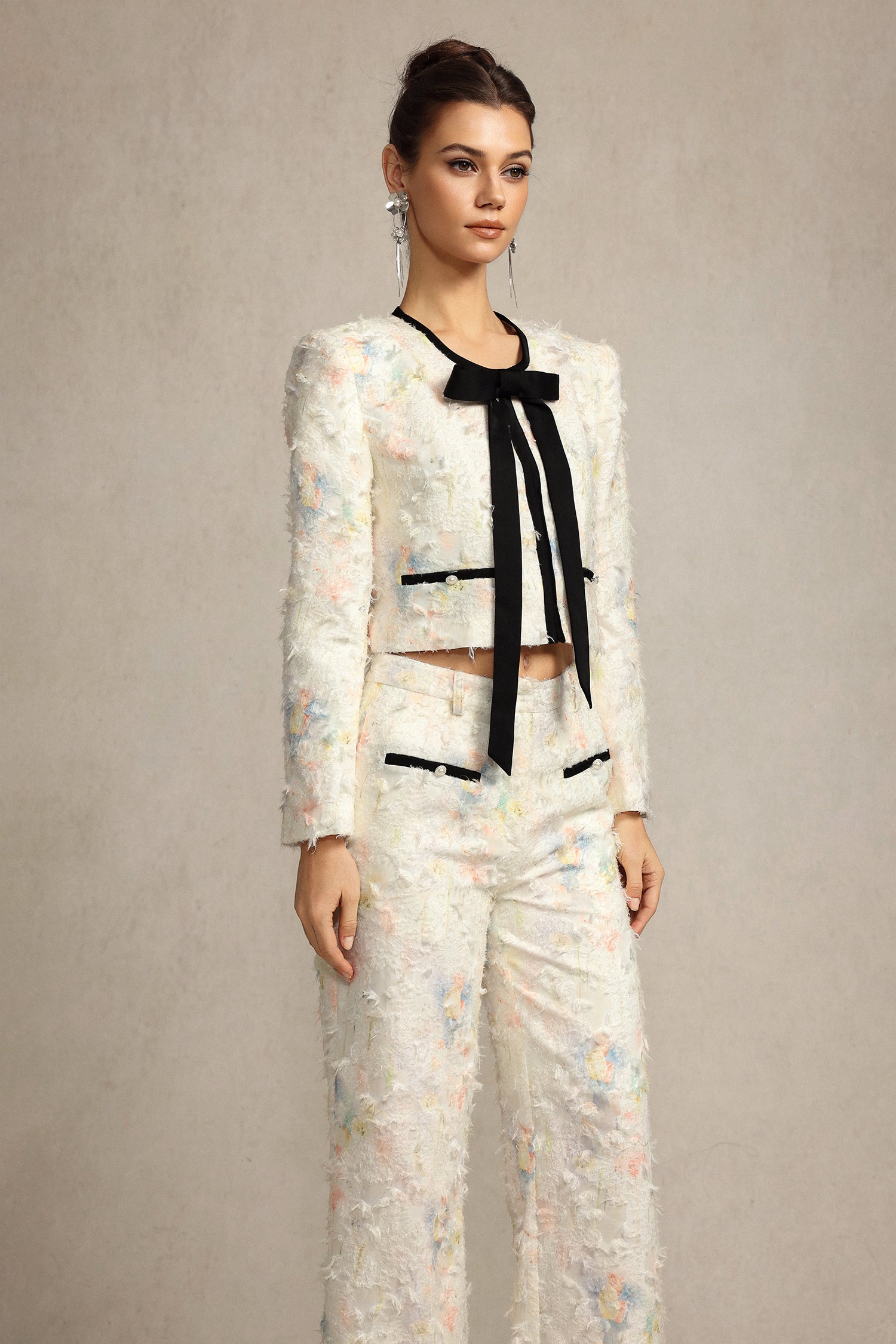 Sarna Round Neck Bowknot Printed Top And Pants Two-Piece Set