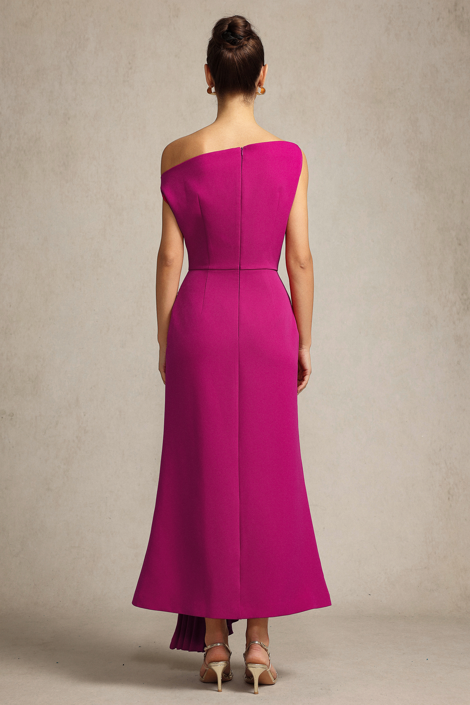 Paulina Oblique Shoulder Sleeveless Folds RosePink Midi Dress