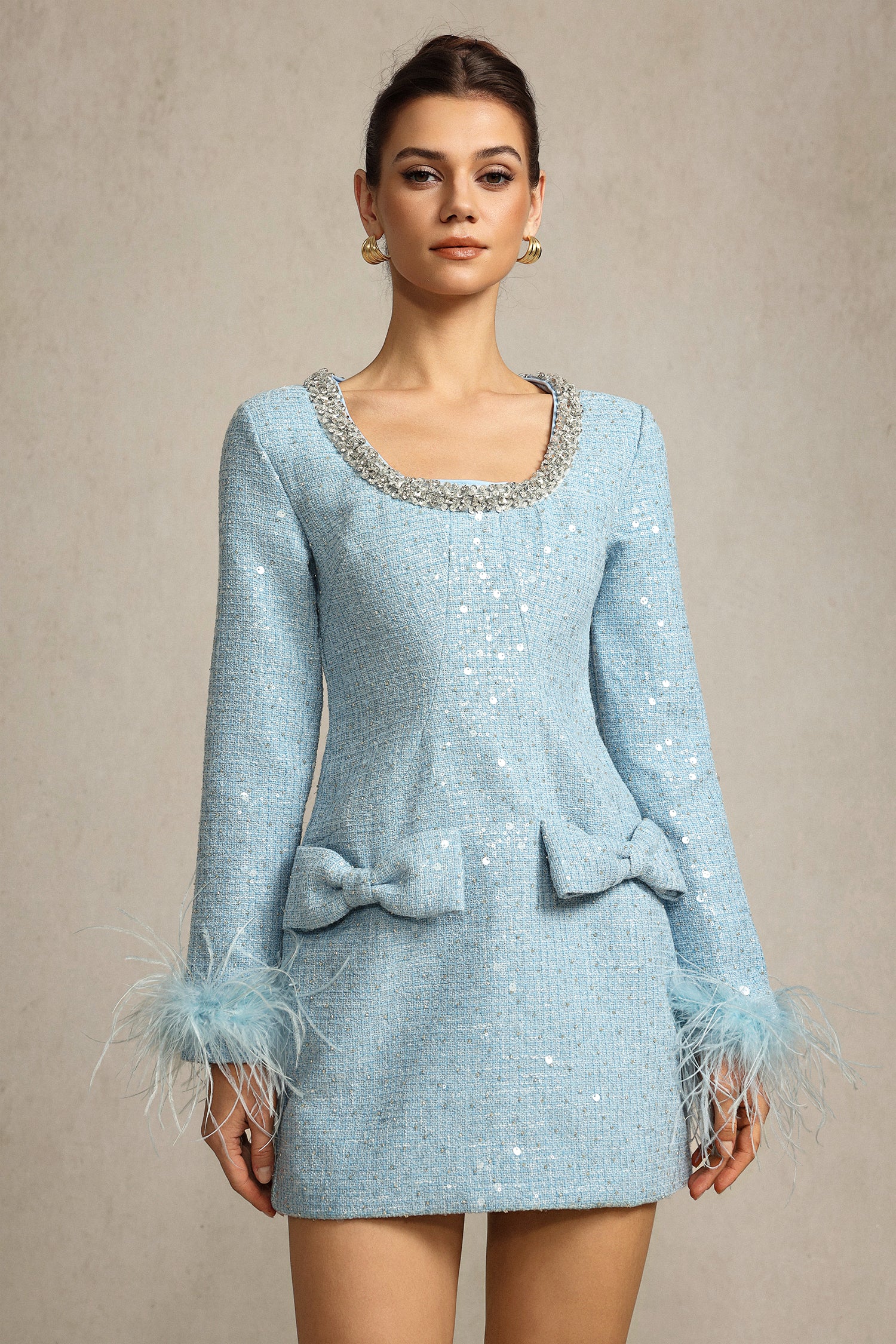 Reagan Square Collar Artificial Feather Bowknot Diamond Blue Mini Dress