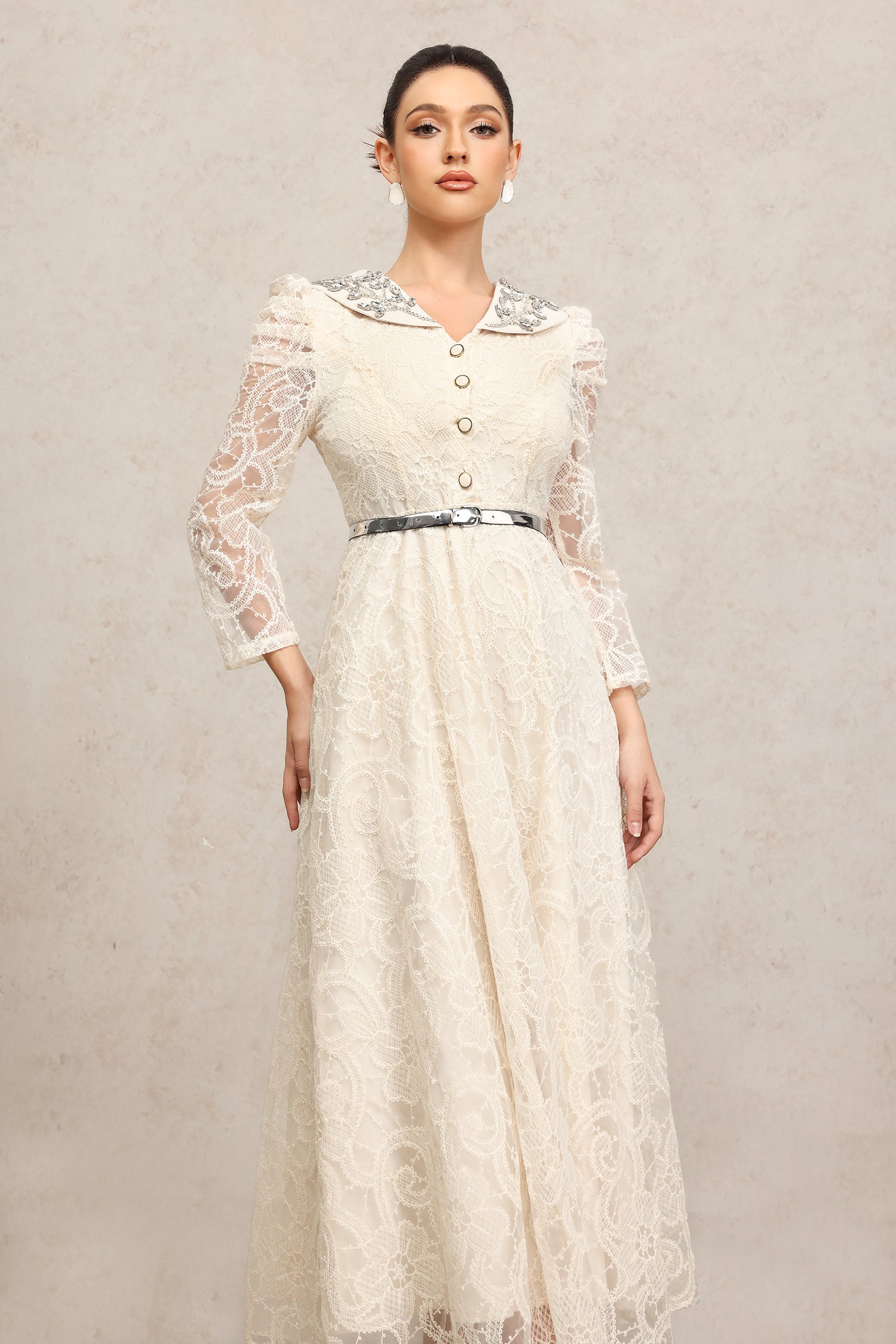 Umeko Long Sleeves Lace Diamond Maxi Dress