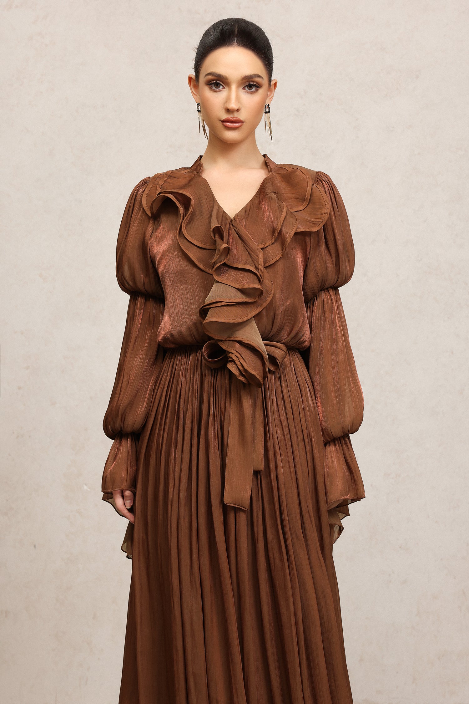 Ona Long Sleeves Folds Brown Maxi Dress