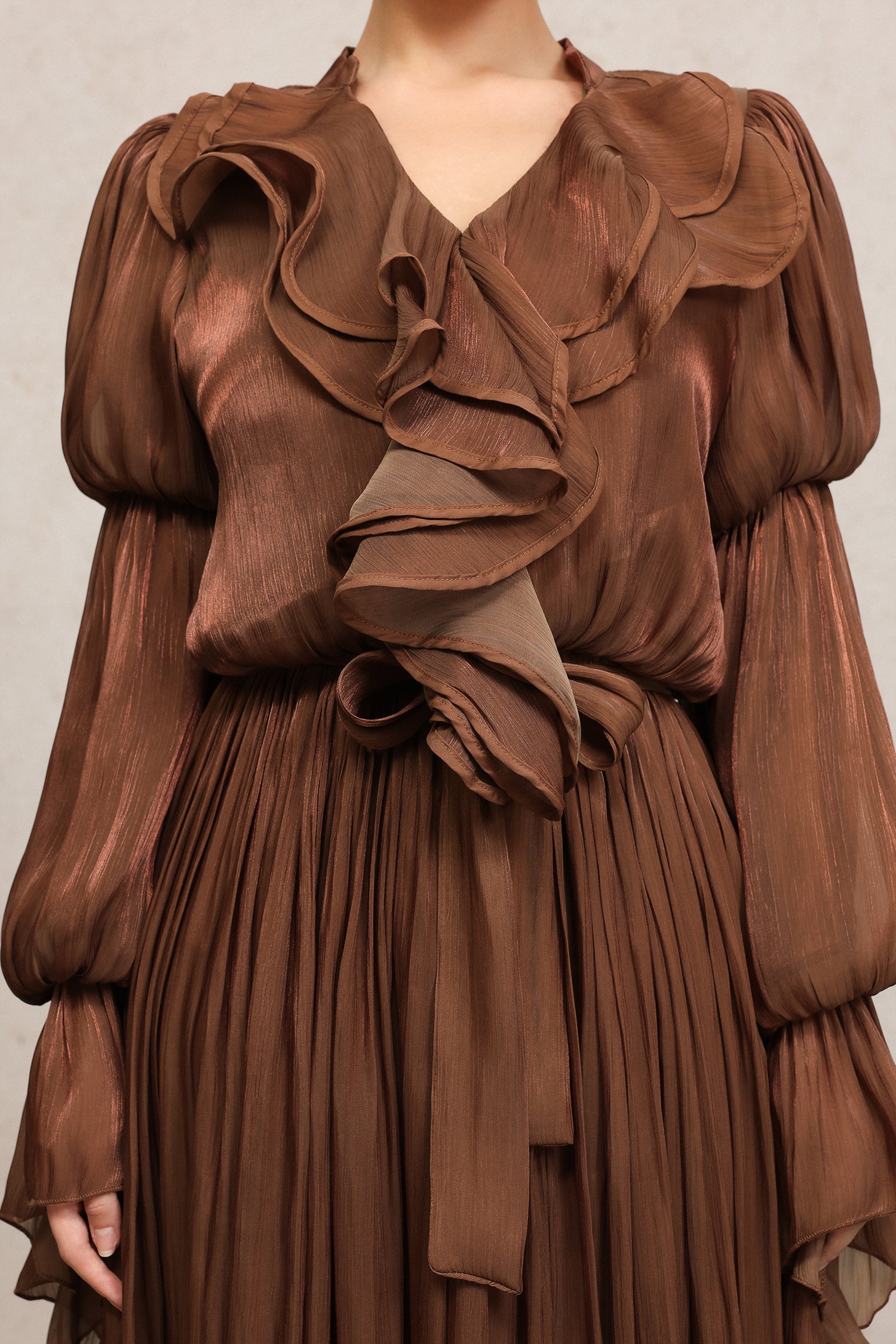 Ona Long Sleeves Folds Brown Maxi Dress